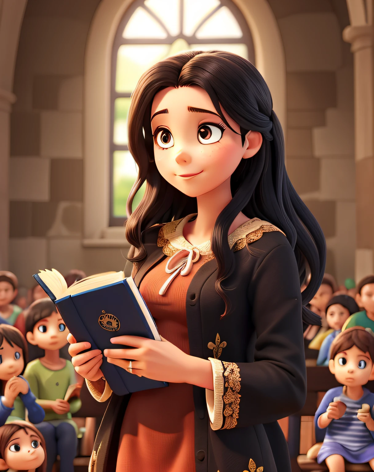 A woman with bible in hand, vestido colorido com pele clara , medium long black hair, olhos castanho , With children and Jesus in the background