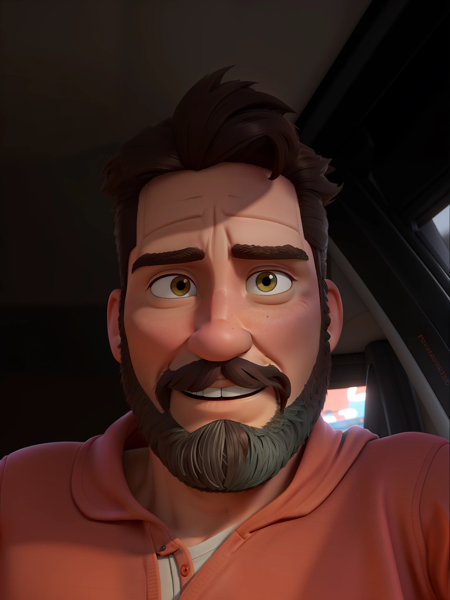 Homem moreno claro, 1,80m de altura, cabelos castanho e grisalho, barba castanho e grisalho, olhos castanho esverdeado, 40 anos. Disney Pixar style in high resolution