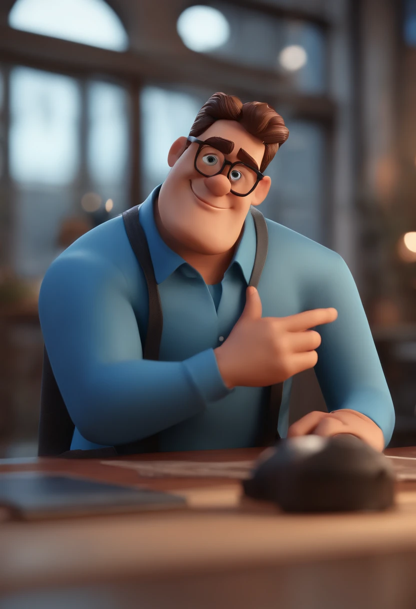 Cartoon character of a man with black glasses and a blue shirt, animation character, Caractere estilizado, animation style rendering, 3D estilizado, Arnold Maya render, 3 d render stylized, toon render keyshot, Personagem 3D, Personagem 3D, 3d rendering stylized, 3 d character render, personagem de desenho animado, Personagem de close up, Pose de personagem, (Estilo Pixar) (master part:1.2) (Bokeh) (best quality) (pele detalhada) (textura detalhada) (8k) (argila) (Cinematic lighting) (foco nítido