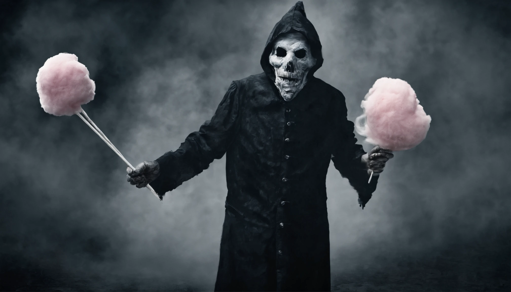 imagem sinistra de um homem alto de terno, aspecto sombrio, holding a cotton candy, sorriso maligno, fotografia de filme de terror