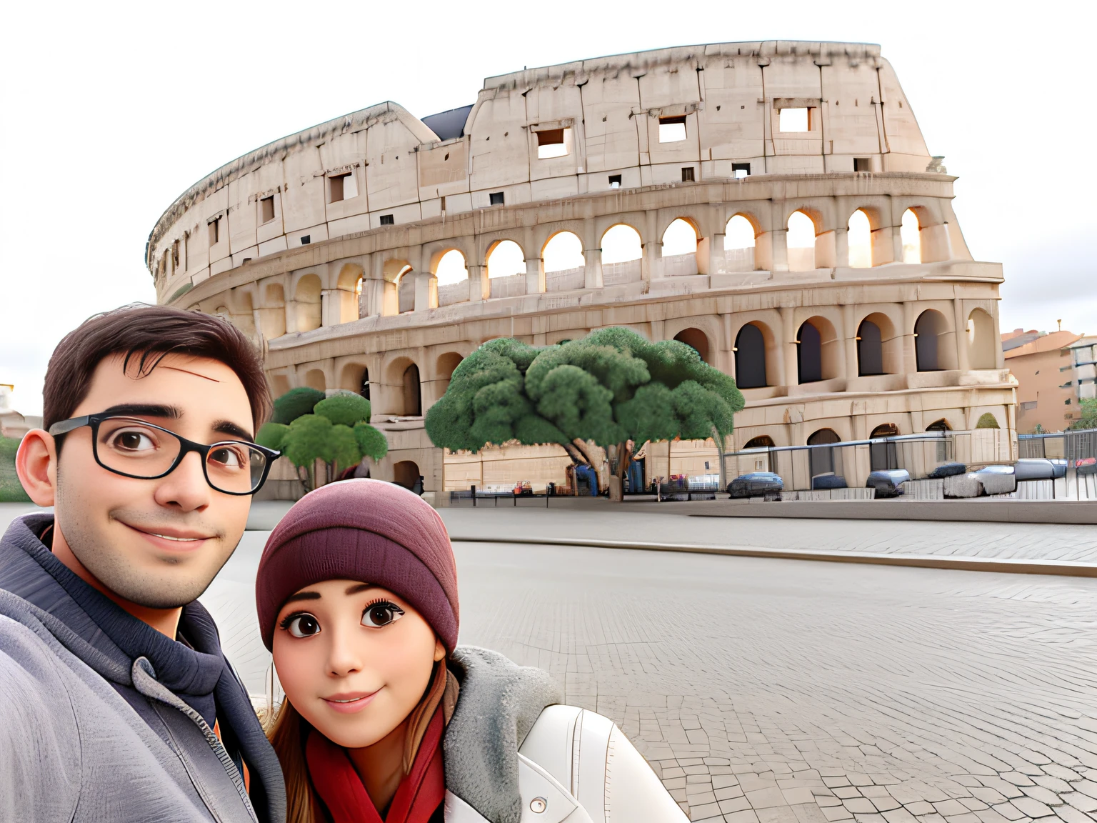 Um casal em frente ao Coliseu de Roma em um dia Nublado e Frio.