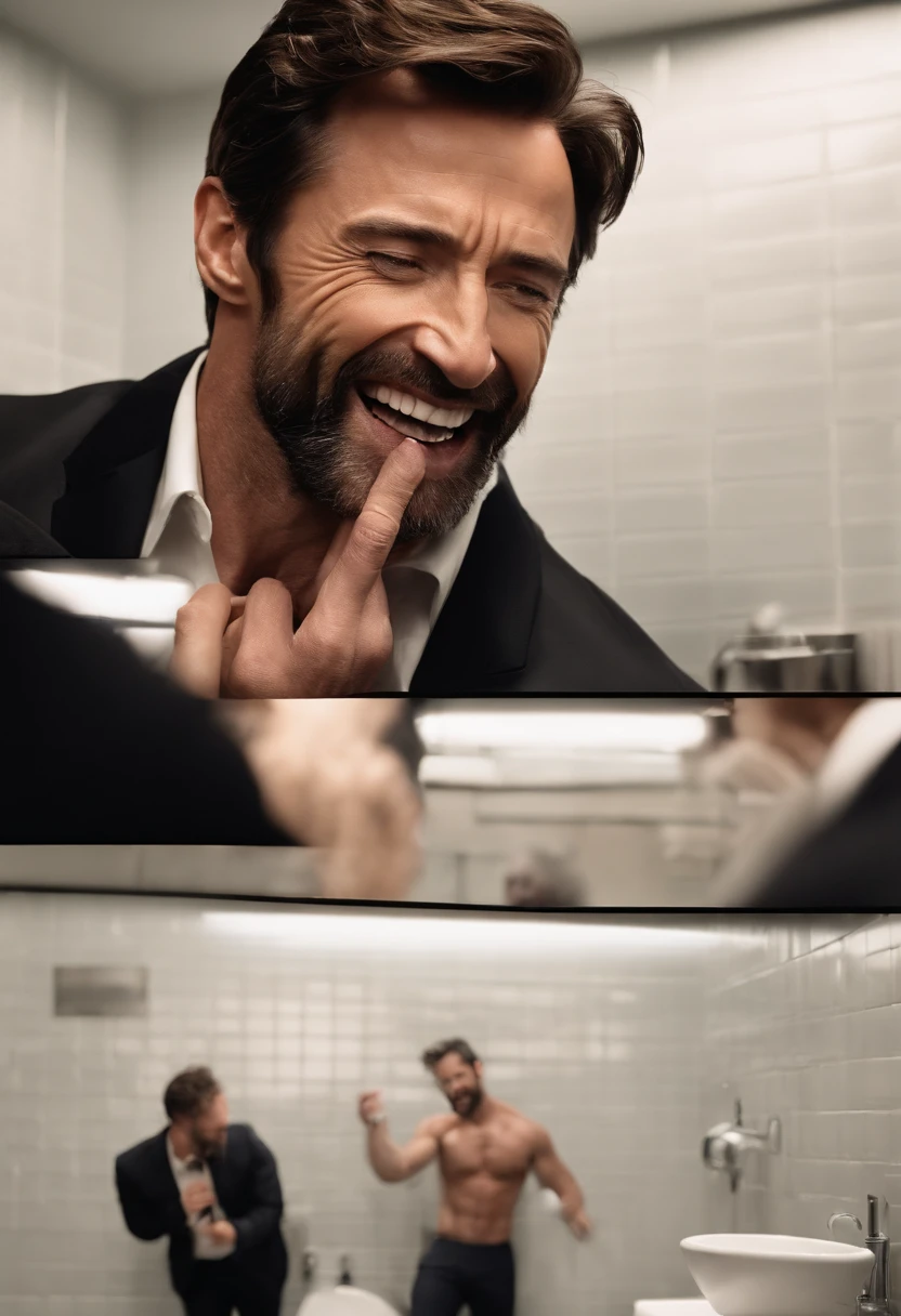 Detailed photo of Hugh Jackman sucking another man's large penis in a public bathroom HD, 4K, photorealism