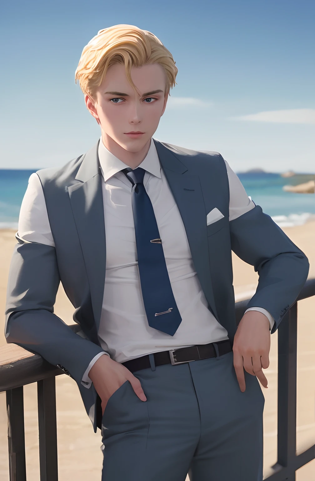 A blonde British gentleman in white vested suit, pink tie, blue eyes, leaning on a rail on the seashore, Leyendecker styleA Statue from a muscular Greek god Statue with a wavey midde! Part Hair out of white Marbel with a black backround Standing on a podest animeted style 8k