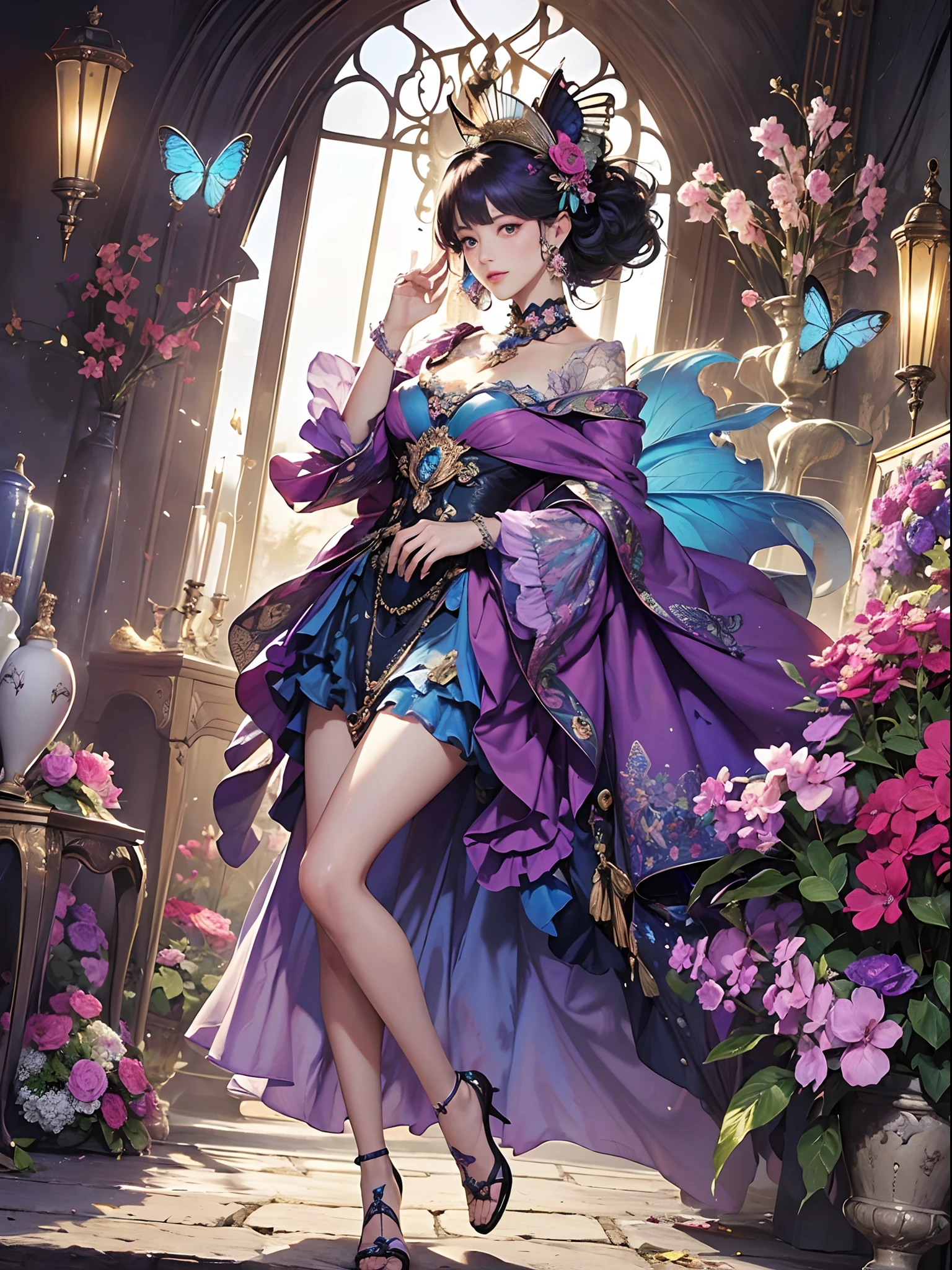 Butterfly motif、Fantastical、Mysterious、Vibrant colors、((masterpiece)))、(((top-quality)))、((ultra-detailliert))、(A hyper-realistic)、(highly detailed CGillustration)、Official art、Florence at the beginning of the 20th century、Decadent、Madame Papillon、Masquerade、refinement、Elegance、Gorgeous、Masks that cover most of the face、Colorful and detailed mask design、matchless beauty、Fans、gorgeous dress、jewely、Perfect Angle、perfect-composition。full body Esbian