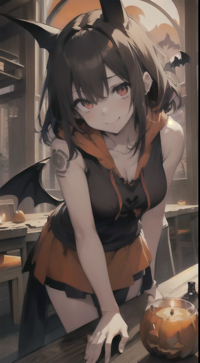 top-quality、Top image quality、masterpiece、s girl((18year old,Succubus、Black and orange tattered tank top,Tattered orange and black short skirt、Tattered orange short-sleeved hoodie、Wearing a hood,Best Bust、Bust 85、A dark-haired、Longhaire,Red Eyes、open chest wide、Valley、Happiness、A slender、Blood coating、Leaning forward、Prank、Black wings、Pampering、Emphasis on the chest、Crow gesture、Bats tattoo、A smile、low angles))hiquality、Beautiful Art、Background with((natta、window、Red sky、Halloween at night、the bats、pumpkins,Nightmare、Inside the Halloween venue、Wooden table、Wooden chair、red wine))、masutepiece、Elaborate design、visualart、Theatrical films