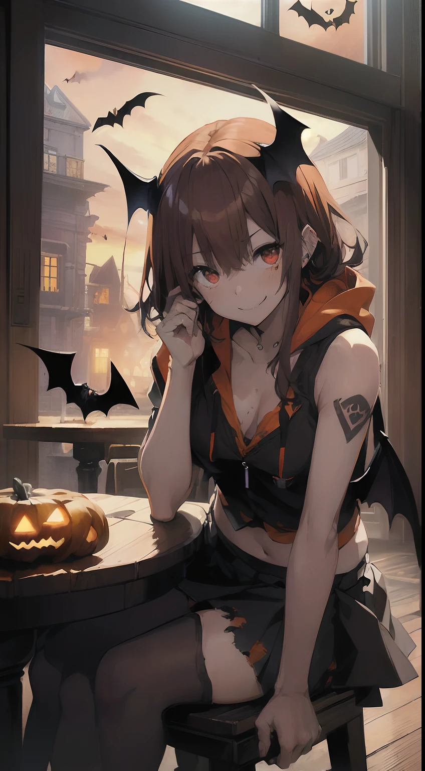 top-quality、Top image quality、masterpiece、teens girl((18year old,Succubus、Black and orange tattered tank top,Tattered orange and black short skirt、Tattered orange short-sleeved hoodie、Wearing a hood,Best Bust、Bust 85、A dark-haired、Longhaire,Red Eyes、open chest wide、Valley、Happiness、A slender、Blood coating、Leaning forward、Prank、Black wings、Pampering、Emphasis on the chest、Crow gesture、Bats tattoo、A smile、low angles))hiquality、Beautiful Art、Background with((natta、window、Red sky、Halloween at night、the bats、pumpkins,Nightmare、Inside the Halloween venue、Wooden table、Wooden chair、red wine))、masutepiece、Elaborate design、visualart、Theatrical films