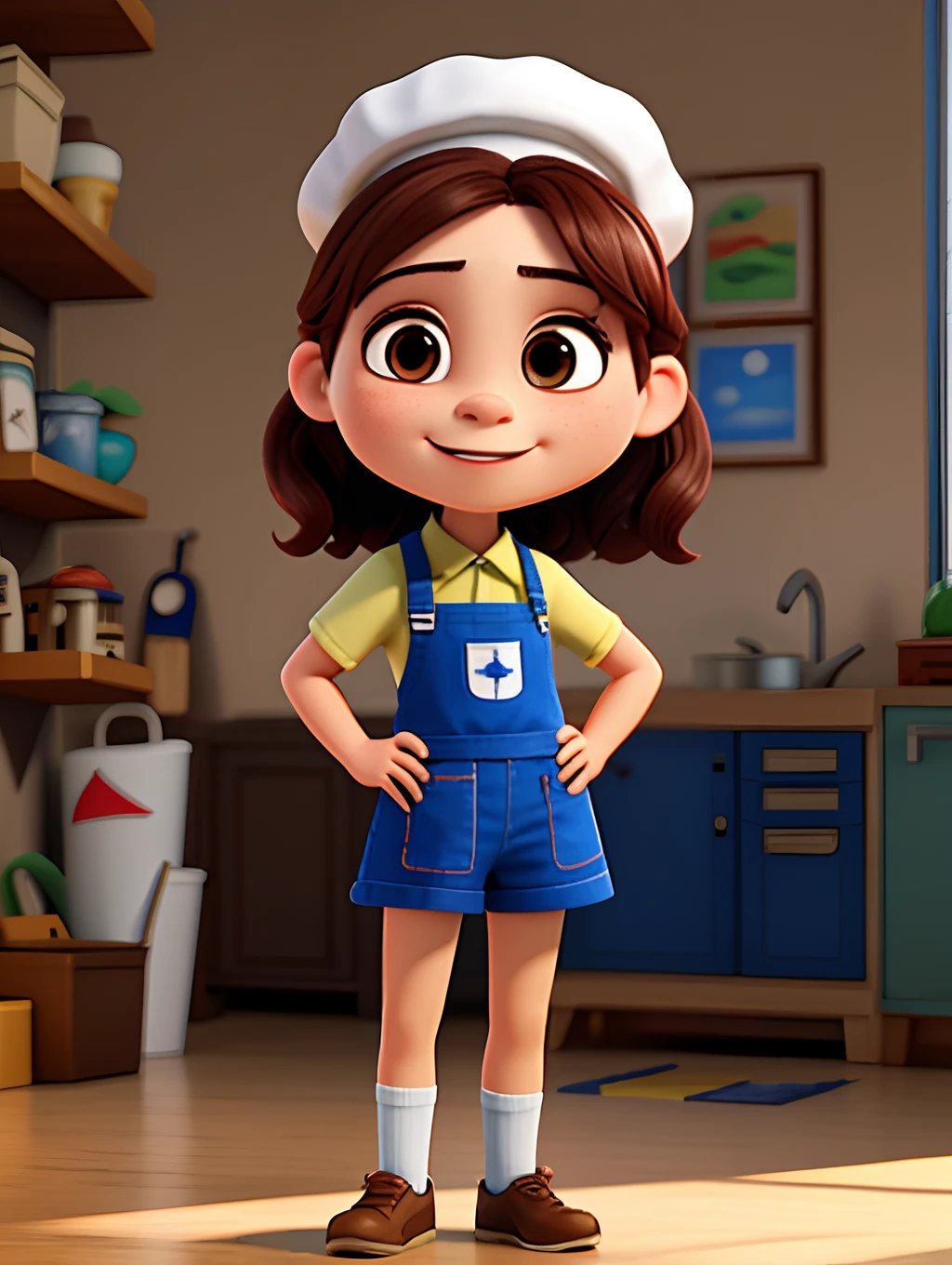 Retrato de um menina  de 3 anos com roupa de cozinheiro branca, chef's hat, meio corpo, olhando para o telespectador, sorrindo, estilo chibi, cenario de cozinha, fundo desfocado, profundidade de campo, detalhado, desenho animado, desenho com tracos do desenhista alex ross, unreal engine, 8k