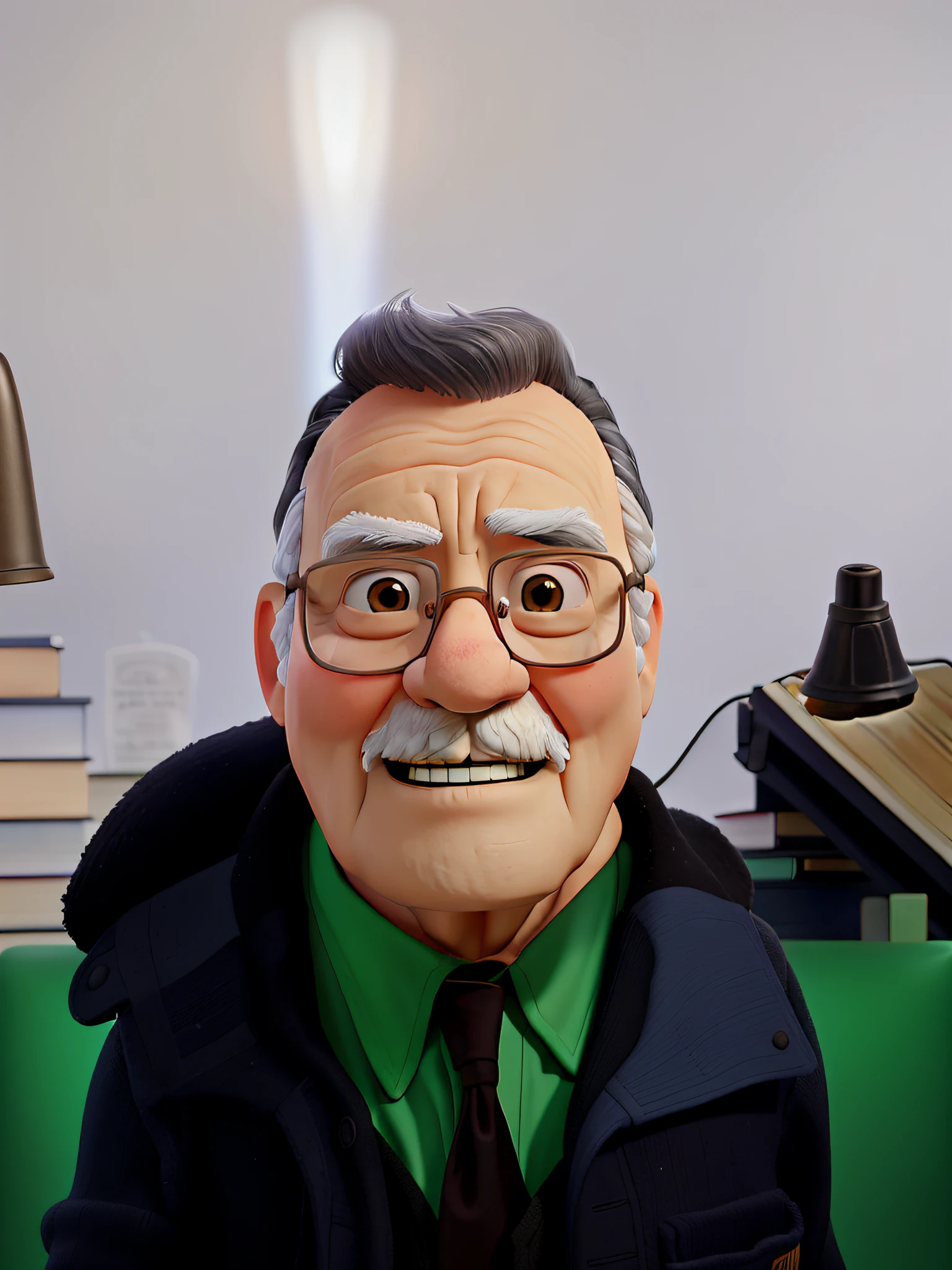 A wise old man standing in front, illuminated by the light of a lamp, against the backdrop of a library