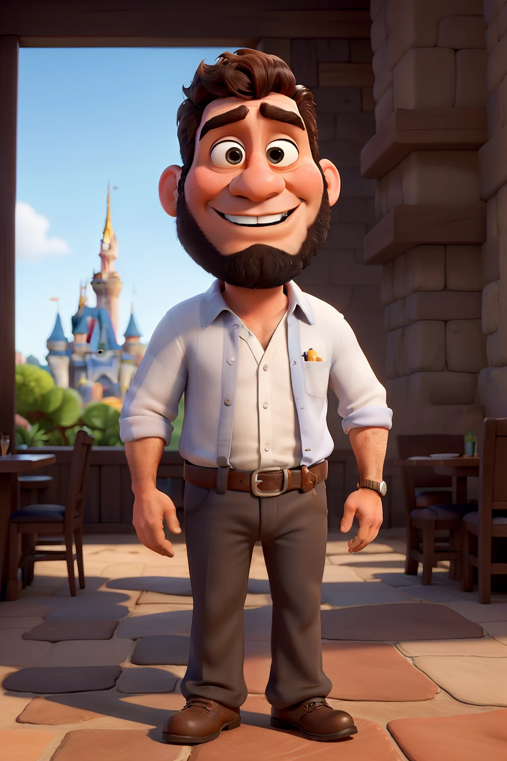 Obra-prima, de melhor qualidade, Disney pixar um homem loiro, com barba e cabelos loiros, vestindo uma camisa preta e ao fundo um restaurante co pessoas comendo e bebendo