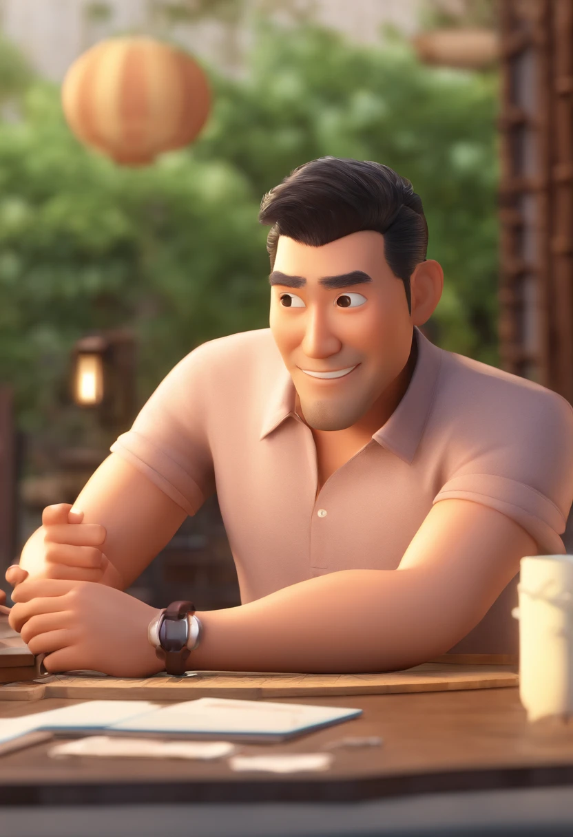 Homem asiatico, 27 anos, barba e cabelo preto, poster, pixar, disney, paisagem no fundo centro cultural campestre da BSGI.