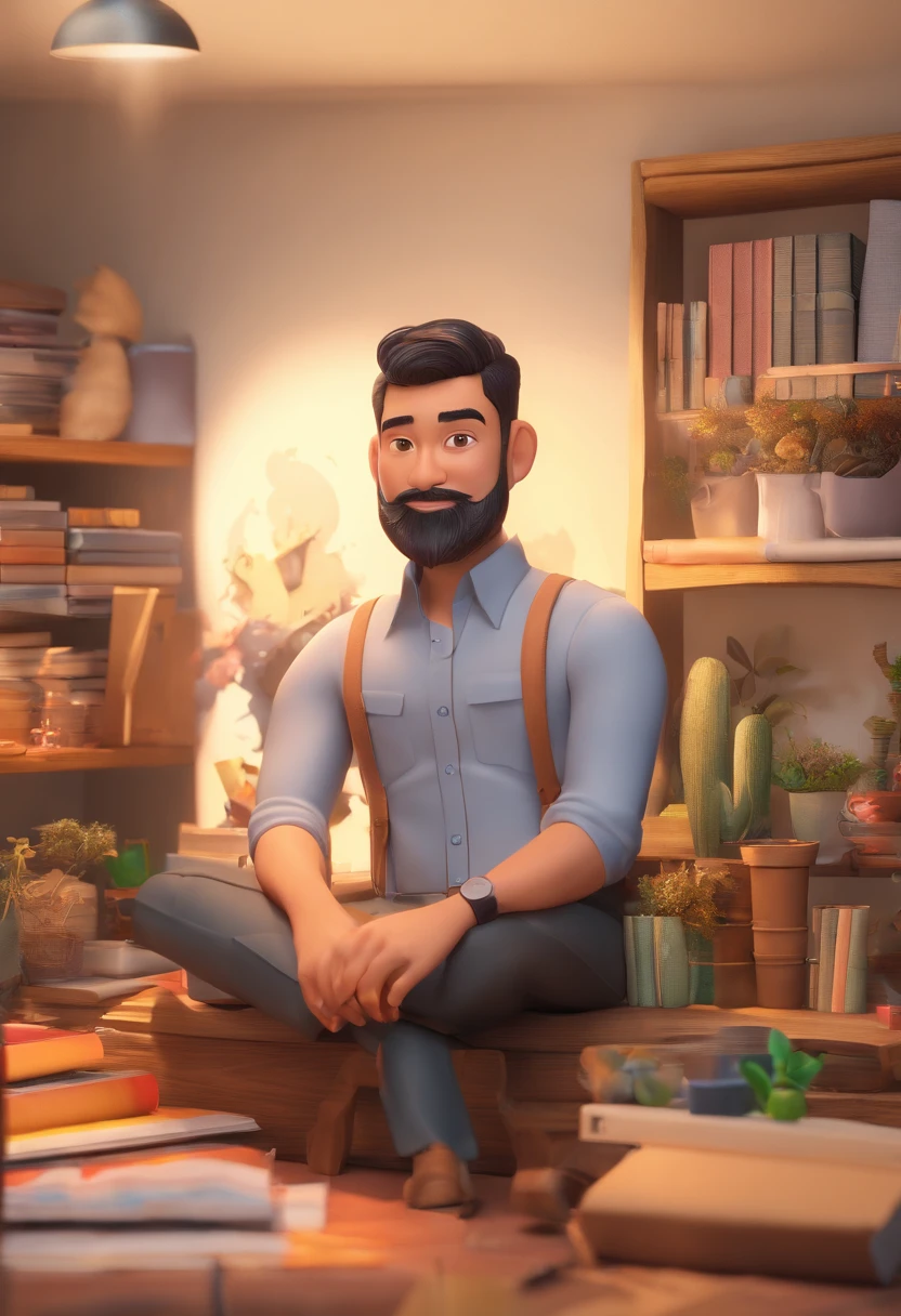 Homem asiatico, 27 anos, barba e cabelo preto, poster, pixar, disney, paisagem no fundo centro cultural campestre da BSGI.