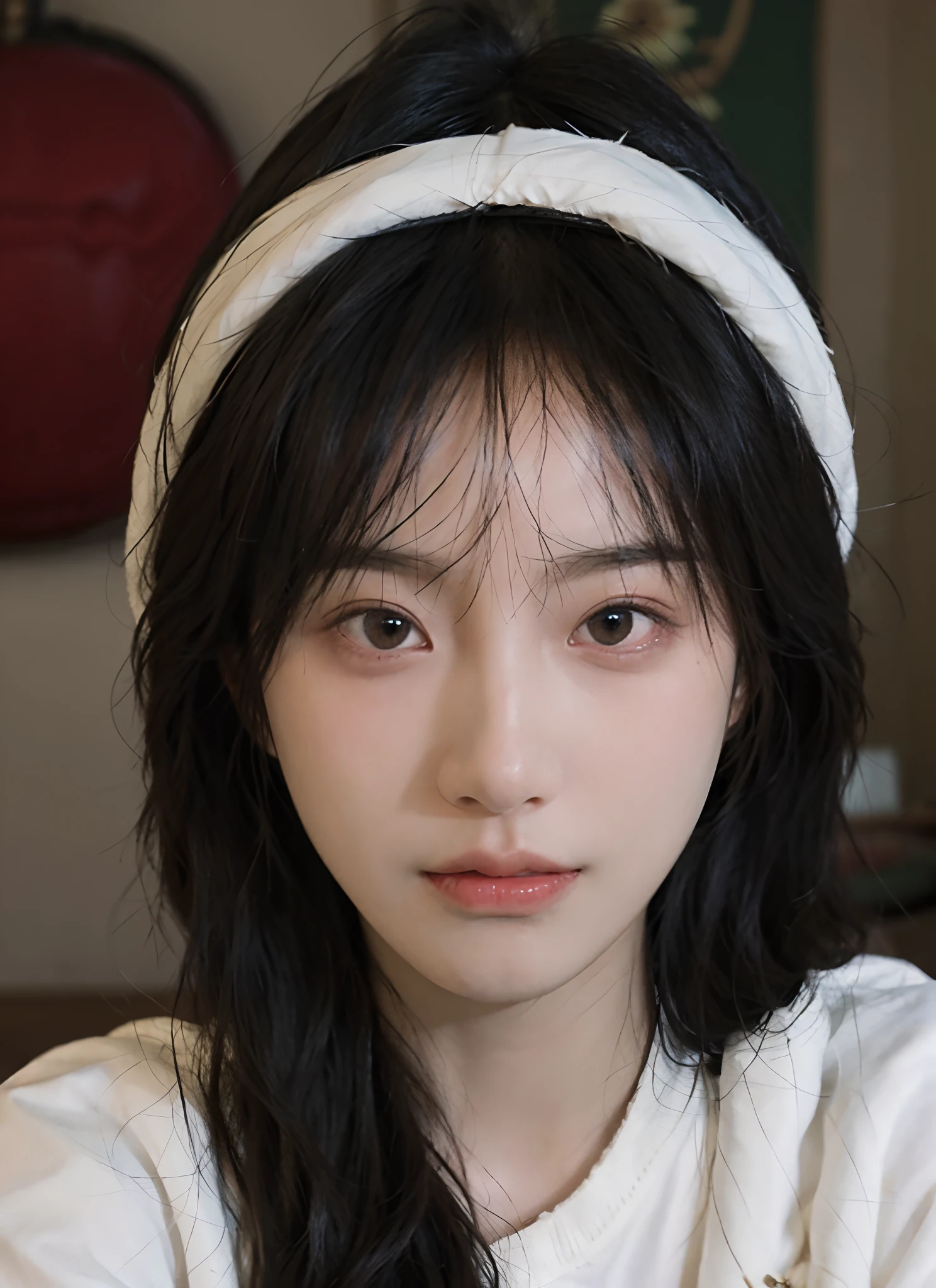 best qualtiy， 超高分辨率， （realisticlying：1.4）， A woman with long black hair and a gray sweater, 中景 the scene is，Soft portrait shot 8 K, pale round face, with round face, She has black hair，By bangs, young lovely Korean faces, wan adorable korean face, ulzzangs, Shin Jinying, beautiful aesthetic face, Korean face features, soft round face, iu lee ji-eun as a super villain, Beautiful realistic face