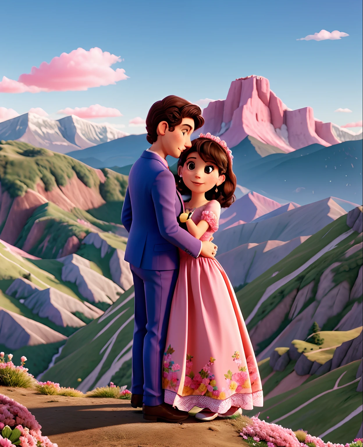 Couple in a pink dress standing on a hill, usando um tux rosa, com montanhas ao fundo, With mountains as a backdrop wearing a pink ballroom dress, Directed by: David Ruby, terno colorido neon, 💕 🎀, Directed by: Olivia Peguero, vestindo vestido floral rosa