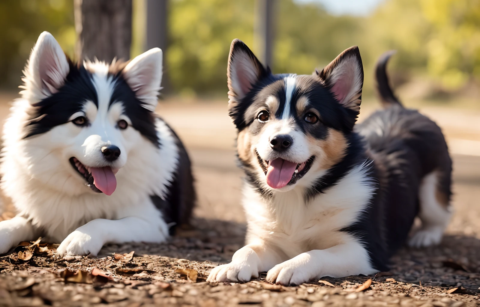 3 cachorros sentados numa grama de jardim, trees in the background, Dried leaves on the ground.
Three-dimensional children's animation style art, pixar, disney.
o primeiro cachorro bem grande, peludo, fofo, feliz, todo branco, olhos pretos, Samoyed Race.
o segundo cachorro bem pequeno, peludo, Papillon Breed, semblante sapeca, focinho curto, large, alert ears with long hair, pelagem branca e castanha, rosto com pelagem branca no centro e castanha nas orelhas e em volta dos olhos.
Very big third dog, focinho comprido e pontudo, orelhas grandes e triagulares, brown eyes close together, Akita race, feliz, fofo, Tongue dropped from open mouth, uma das patas dianteiras levantada, medium-length fur, quase todo preto, pontas das patas brancas, ponta da cauda branca, focinho branco e barriga branca.