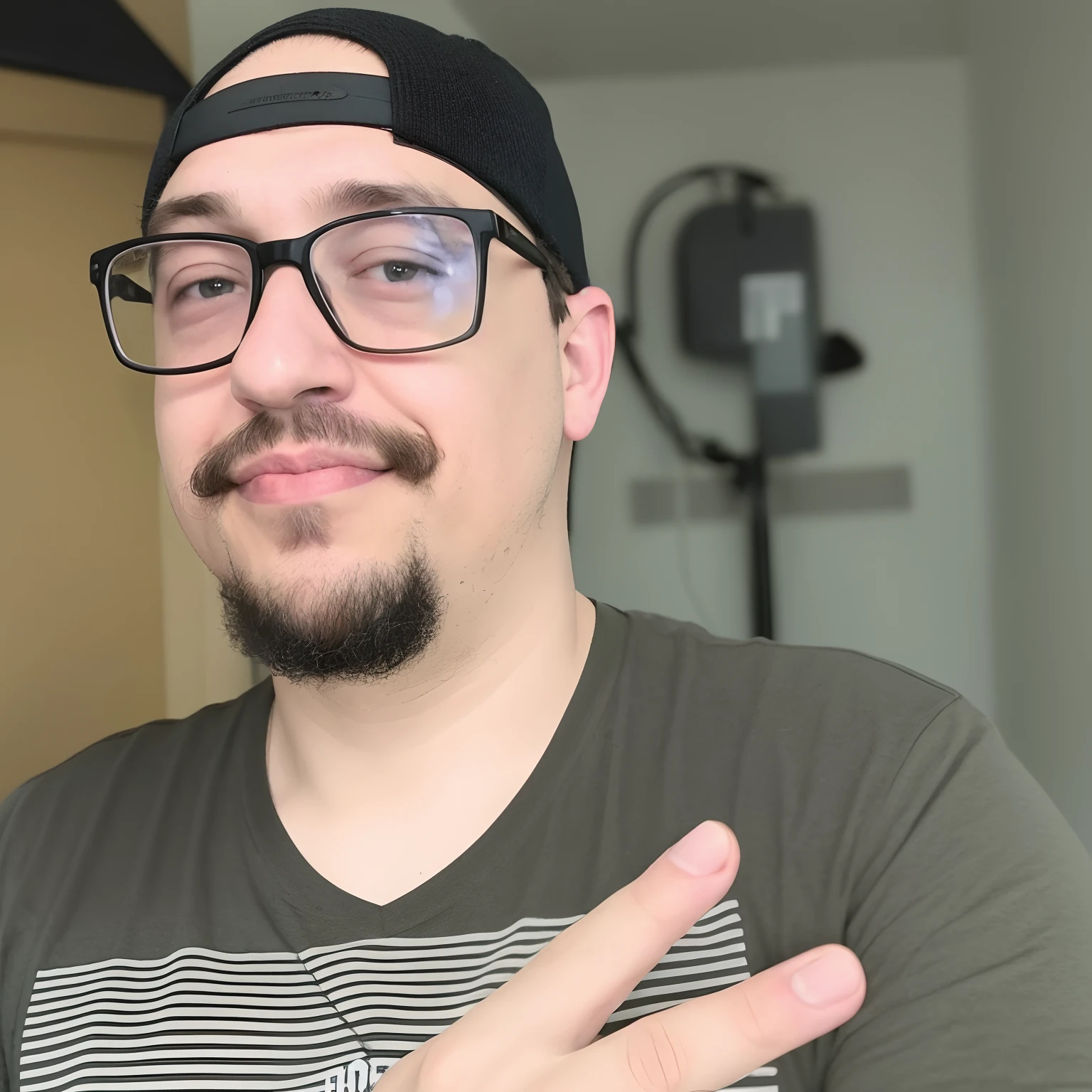 There is a man with glasses and a beard making a peace sign, foto de perfil headshot, Streamer do Twitch / Jogador Ludwig, foto de perfil 1024px, Sam Hyde, com nerd! glasses! e cavanhaque, neckbeard, with nerdy glasses and goatee, with glasses and goatee, foto do perfil, Retrato de Sam Hyde