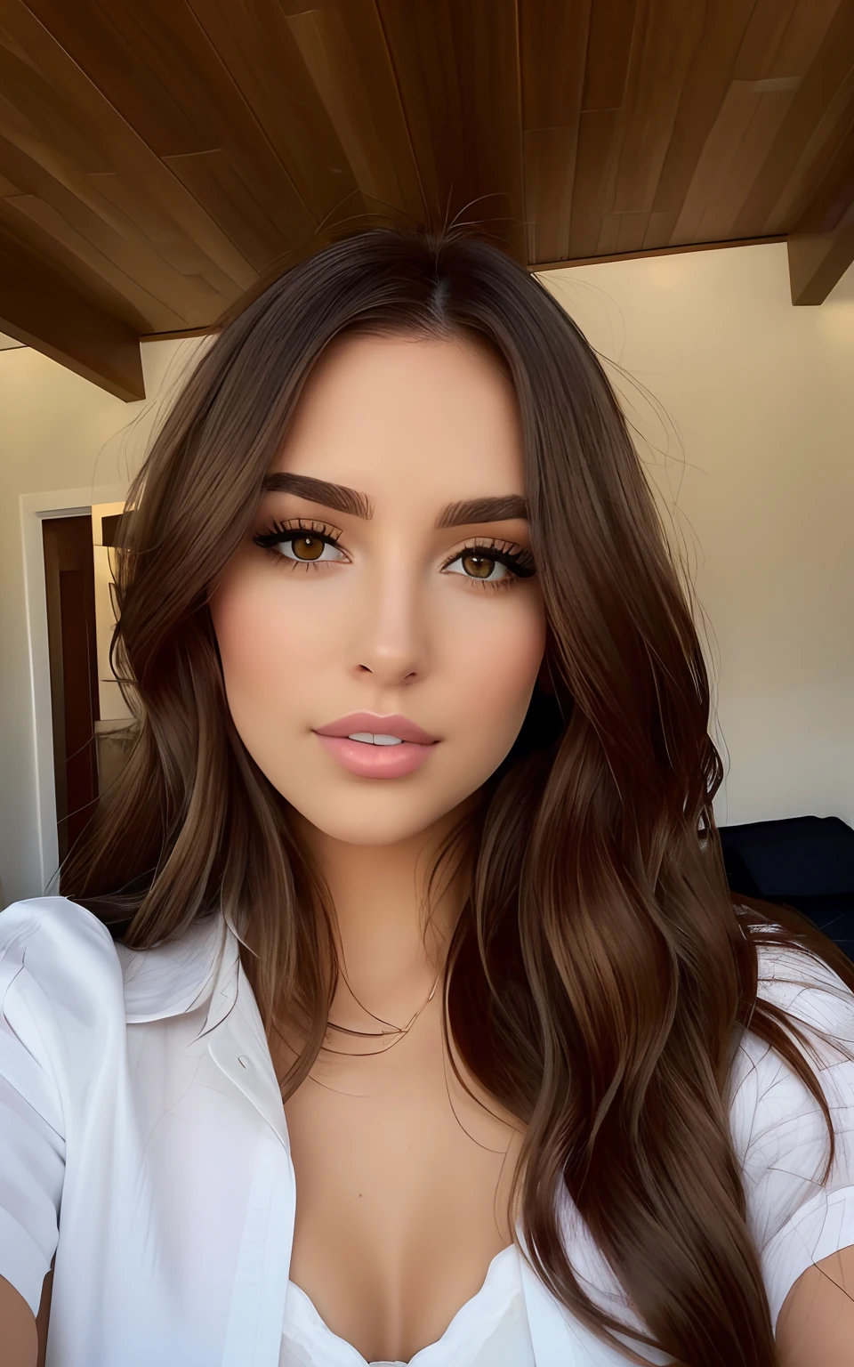 A close-up of a woman with long brown hair and a white shirt, Retrato Sophie Mudd, Pokimane, brown hair and large eyes, Isabela Moner, Retrato de la chica cervecera de Madison, Cerveza Soft Devil Queen Madison, Cara impecable, Cerveza Madison, Kailee Mandel, Chloe Bennet, Cara perfecta detallada, Girl with brown hair, Retrato de Demi Rose