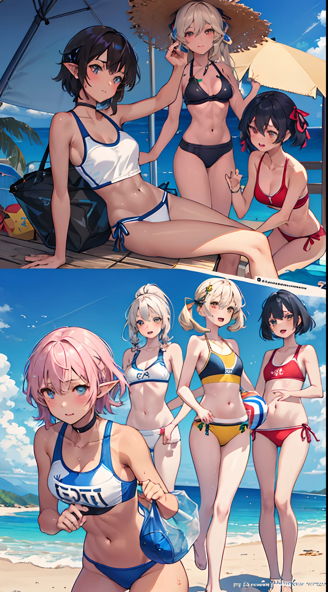 NSFW, (4+Girls:1.5), (Alternate athlete swimsuit pool), Tanned skin, dark tanned skin, oil, Abs:1.5, tan lines, dynamicposes, Sexy interaction, Girl playing beach volleyball, Beach volleyball, Net, Masterpiece, Top quality, hyper HD, Highest resolution, Very detailed, Perfect face, Professional lighting, Clean skin, CG illustration, Slender, Very cute, Young face, cleavage, Lower breast, Wet body, (breasts out:1.4), different hair color, Short hair, Elf hairstyle, semi long hair, different hair style, Hair ribbon, Blush, navel, From below, Wet body, (breasts out: 1.4), (Plastic bag 1.2), Transparent swimsuit, beach, Sand, water, (Wind: 1.3), girls playing behind, showing butt, a black choker