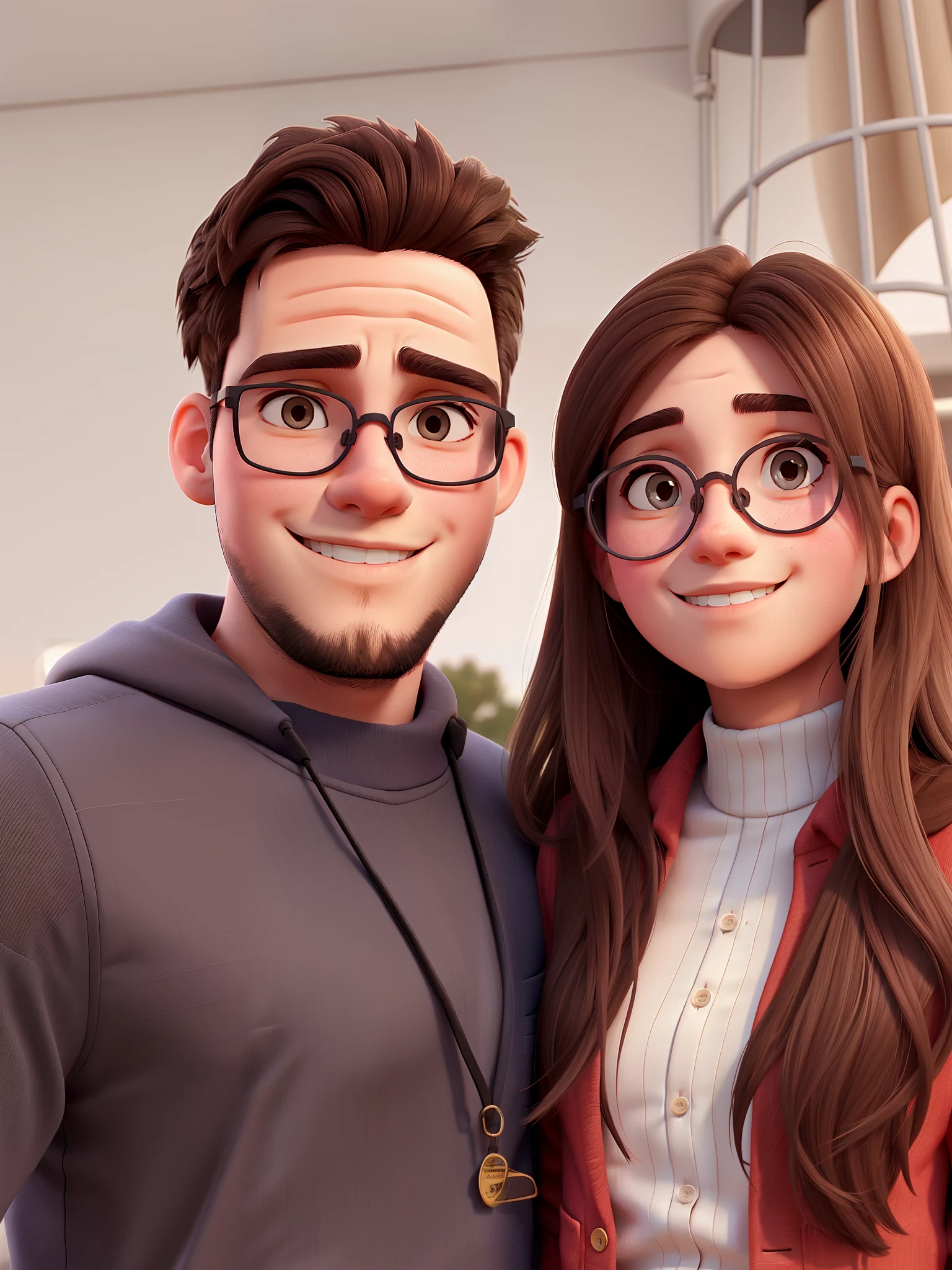 A young couple man wears round glasses
