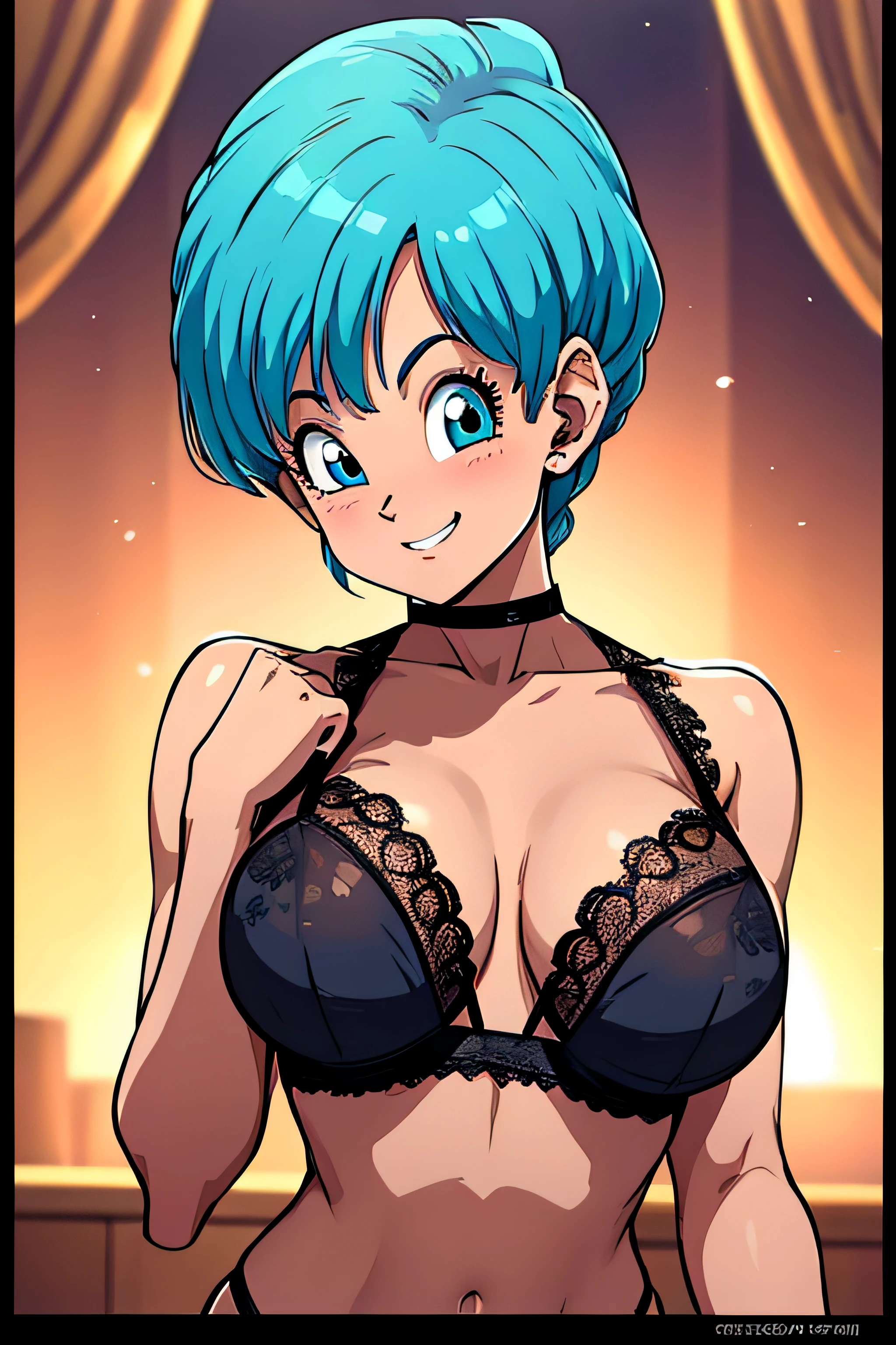 high definition, 8K, detailed face, grabbing her breast, showing her breast, Bulma from dragonball z, Deep blue eyes, ((black see through lingerie)), spa, (large breasts)), slim and thin, body of equal proportions, ((focus on her breast)), front view, four fingers and 1 thumb, ((2 hands)), Blue hair, Beautiful smile, Smiling at viewer, blushing cheeks,