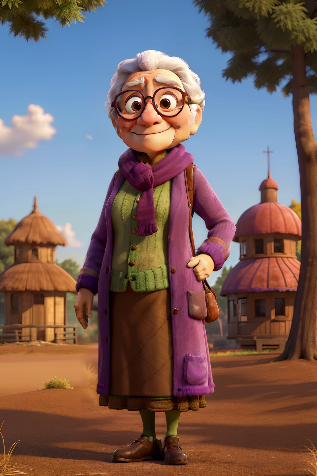 masterpiece, best quality, an old woman with glasses and a scarf on, wearing a purple coat and green scarf, standing at the park