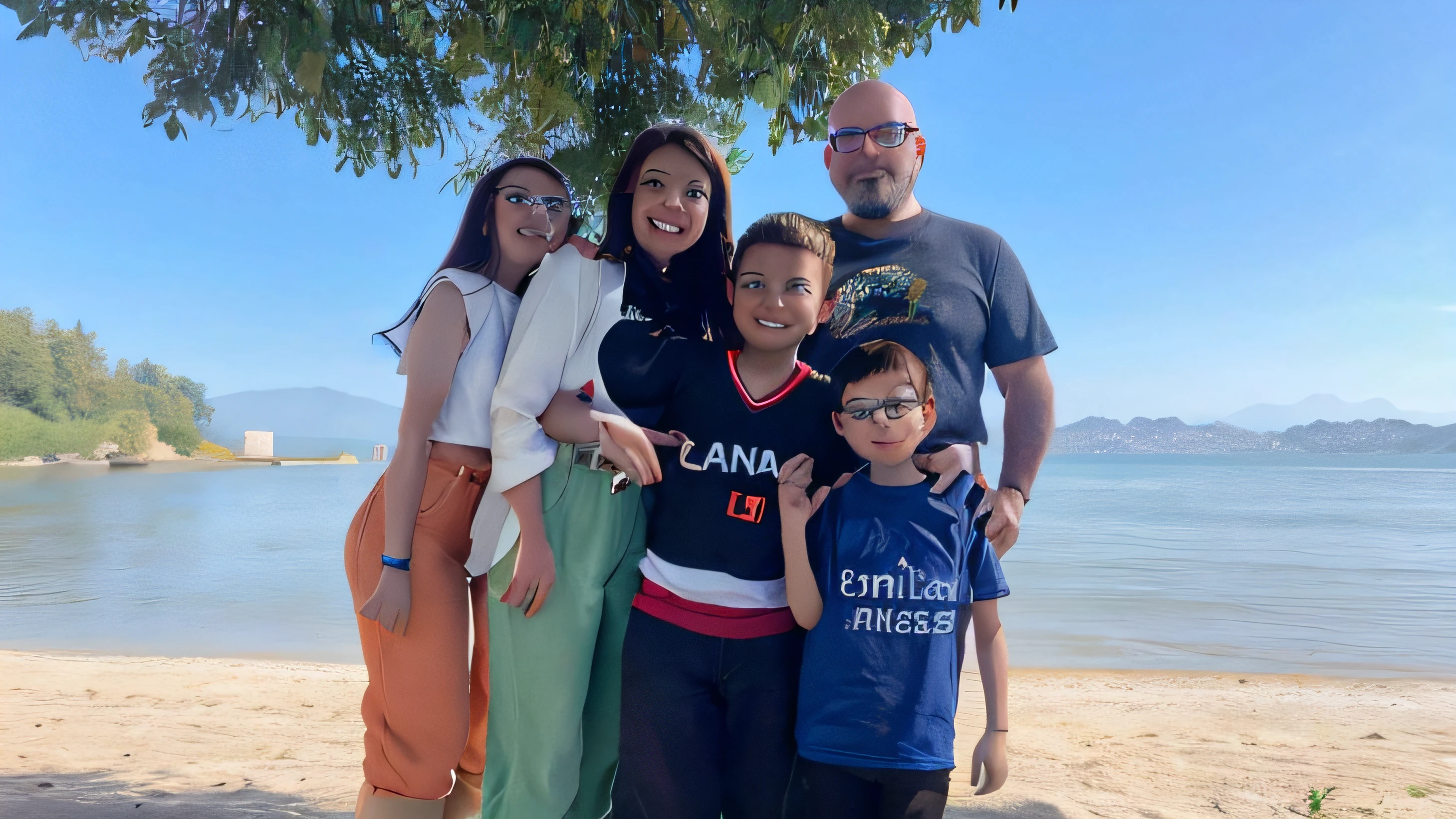 filha menina 15 anos, orange pants, brown hair mom, green pants, Son Boy 10 Years Old T-Shirt Written Canada, filho menino 6 anos camiseta real madrid, Bald father with thin beard and glasses, alta qualidade
