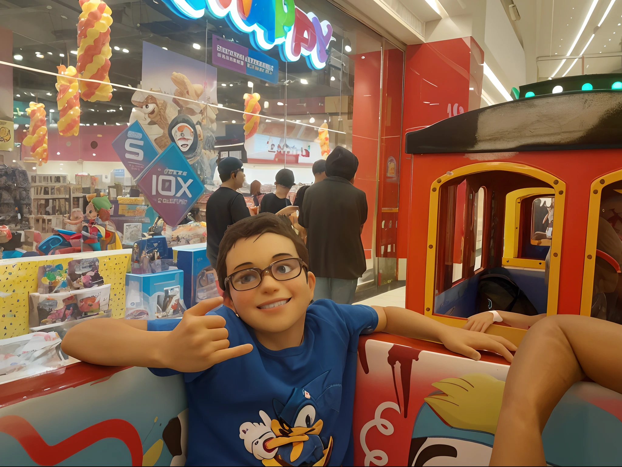 There's a boy who's sitting on a train in a store, Personagem Toonix, taken with the best dlsr camera, fotografia, fotografia selfie, cabrito, muito animado, divertindo-se, Alex, Tiro com iPhone 1 0, em um shopping, zona de descoberta, Passeios, Cidade de Jollibee, inspirado em Abidin Dino, kids place