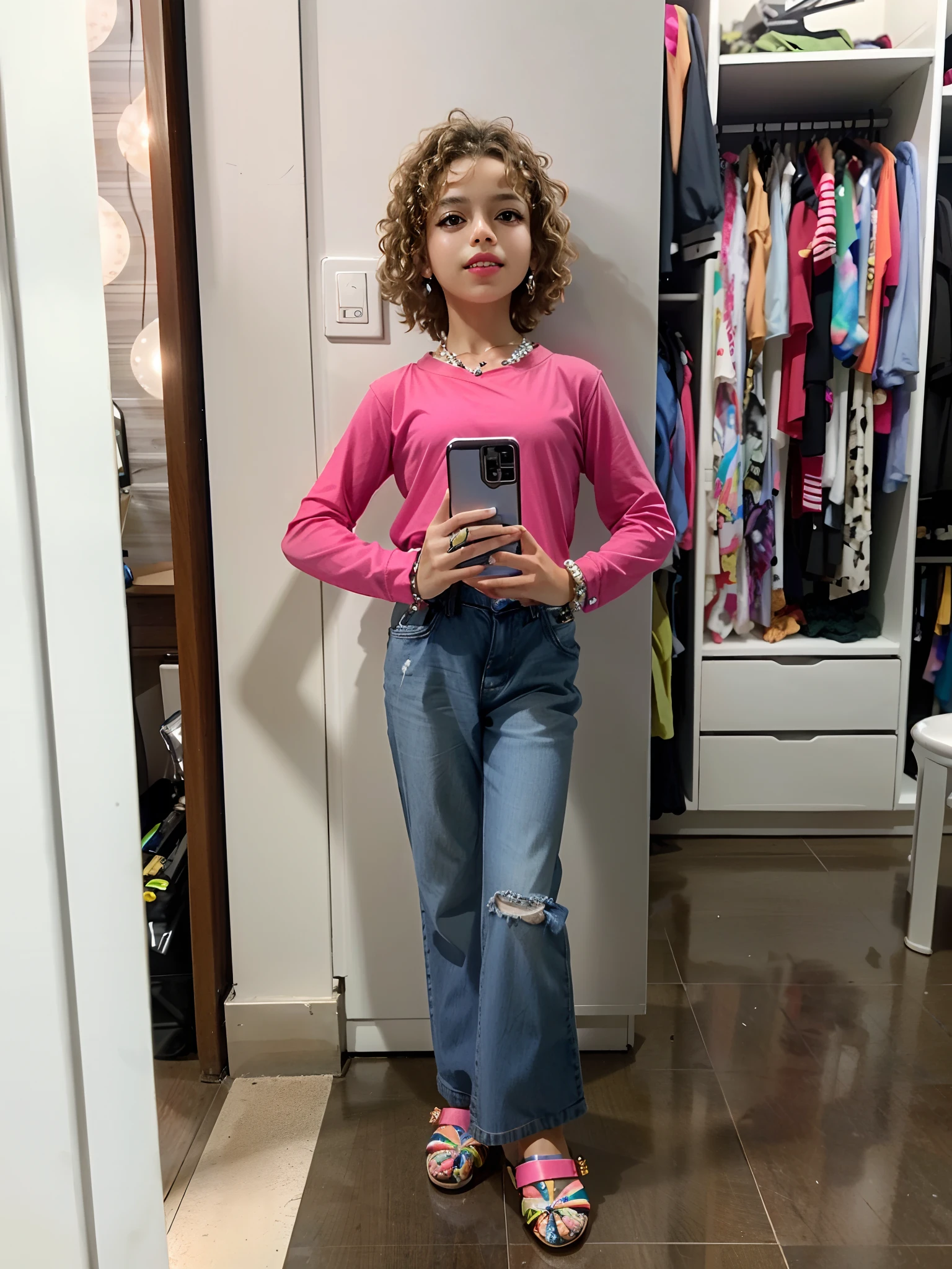 uma mocinha de 9 anos , bracelets on the arms, lipstick on the lips , Taking a photo wearing a cell phone bracelet around your neck