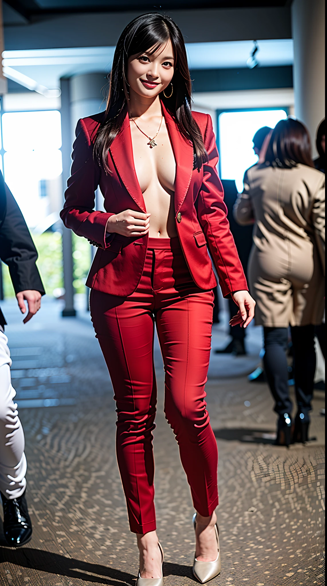(8k, Best Quality, Masterpiece, Realistic, Photorealistic, Ultra Detailed:1.3), (1girl, pretty Japanese), (suit jacket, skinny pantsuit:1.3), Smile, (gigantic , cleavag(naked, topless: (crowd), bangs, navel, (narrow waist, full body, thin long legs, high heels:1.3), necklace, wristwatch, bag, fashion model posing,