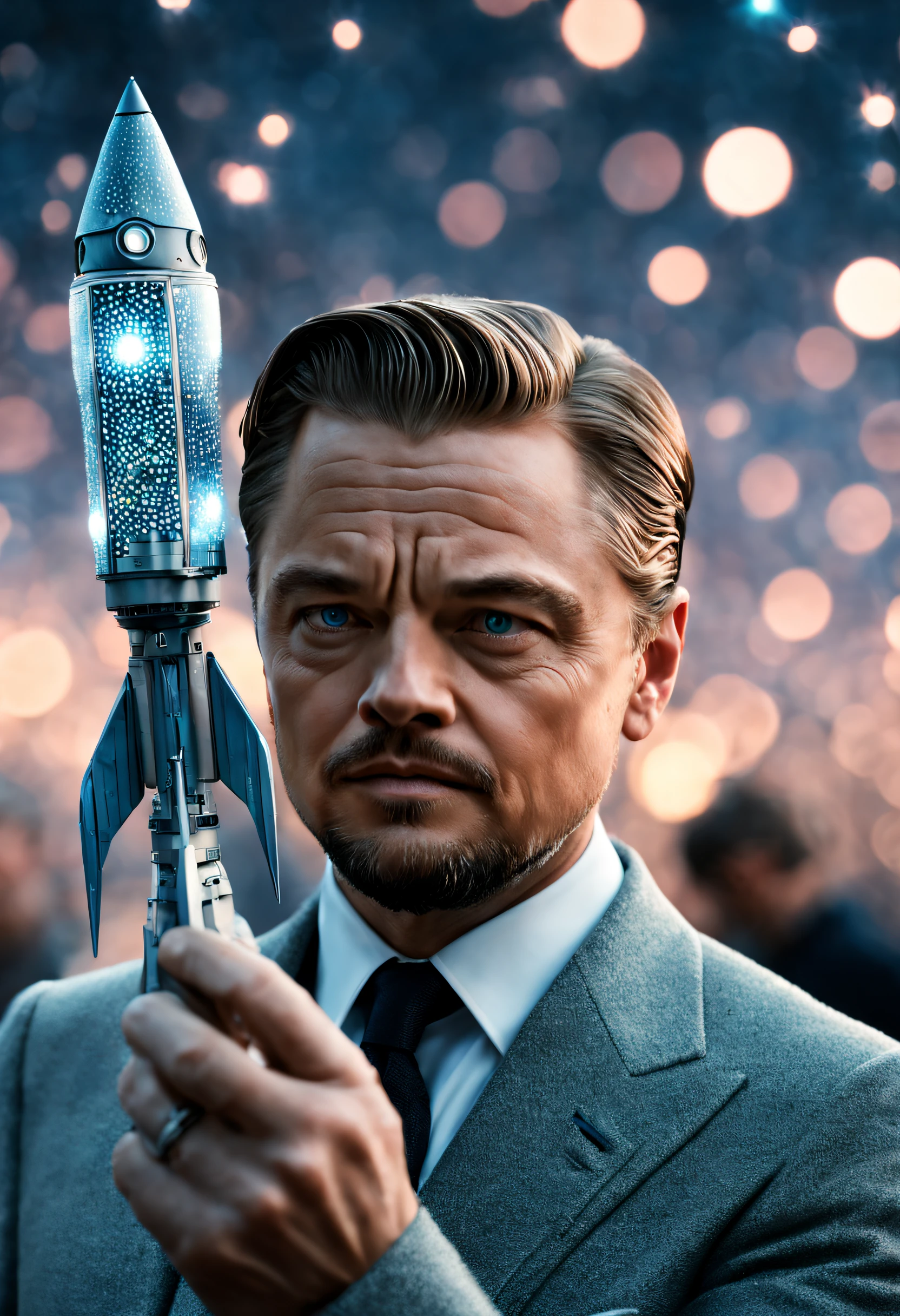 Hipnotizante (filme realista ainda:0.95) with the organic android squinting at Leonardo DiCaprio's face holding a small futuristic rocket model in his outstretched hand, translucent (tecidos bioluminescentes:1.05), (Voronoi pattern, profundidade de campo, (bokeh redemoinho:1.275) :1.15), (fundo futurista complexo, Too much cybernetic apparatus:1.1), vidro brilhante, (Rim lighting, luz discreta:1.15), celestial, Ethereal, Soft and dreamy natural lighting, ((amarelo-quente e carbono profundo:0.7), (cinematic look:1.15):1.15)