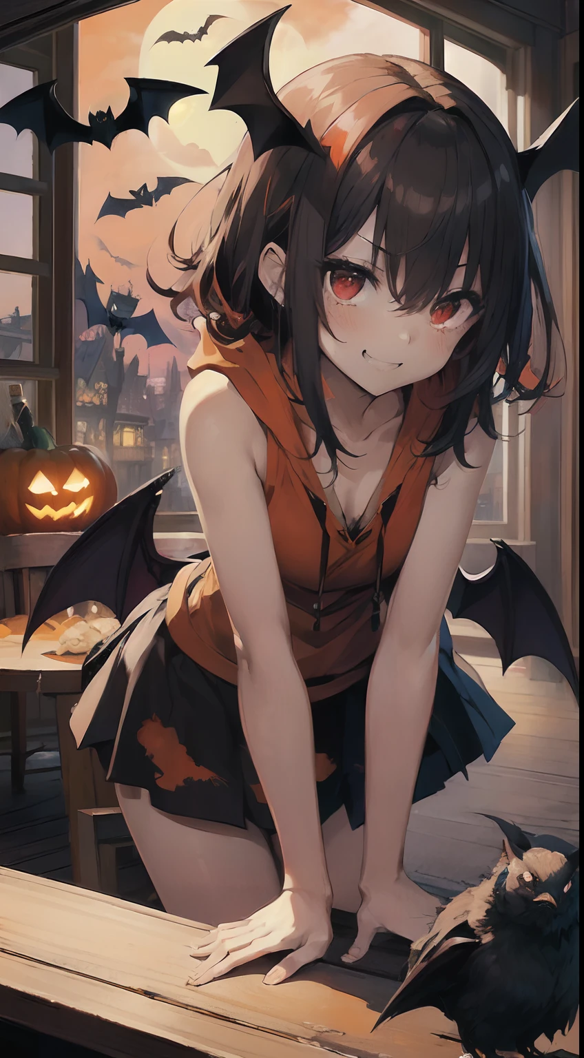 Halloween、Western-style building、Woman Frankenstein、Female Bat、Woman Pumpkin、Both eyes open、Hardcore、Nipples、Covered in semen、Girl、Girl、Short、Younger、Lower school year、Baby Face、flat chest、looks fun、smile、Dynamic Angle、masterpiece、best quality、ultra-detail、Clothing