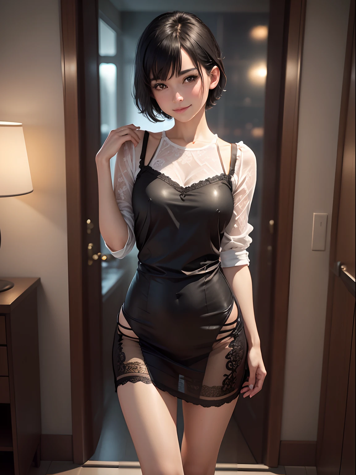 (8K, Best Quality, masutepiece:1.2), (Realistic, Photorealsitic:1.37), Ultra-detailed,((( 1 girl))),Solo,Beautifully detailed hotel suites,Night,Sitting,at hotel's room,(nose blush),(Smile:1.15),(Closed mouth) Small breasts,very skinny legs,Beautiful detailed eyes,(Shirt:1.1), Night, Wet, Rain,White lace, (Short hair:1.2),Floating Hair NovaFrogStyle, ((Full body)),to stand, Sexy, Cute,Short black hair,