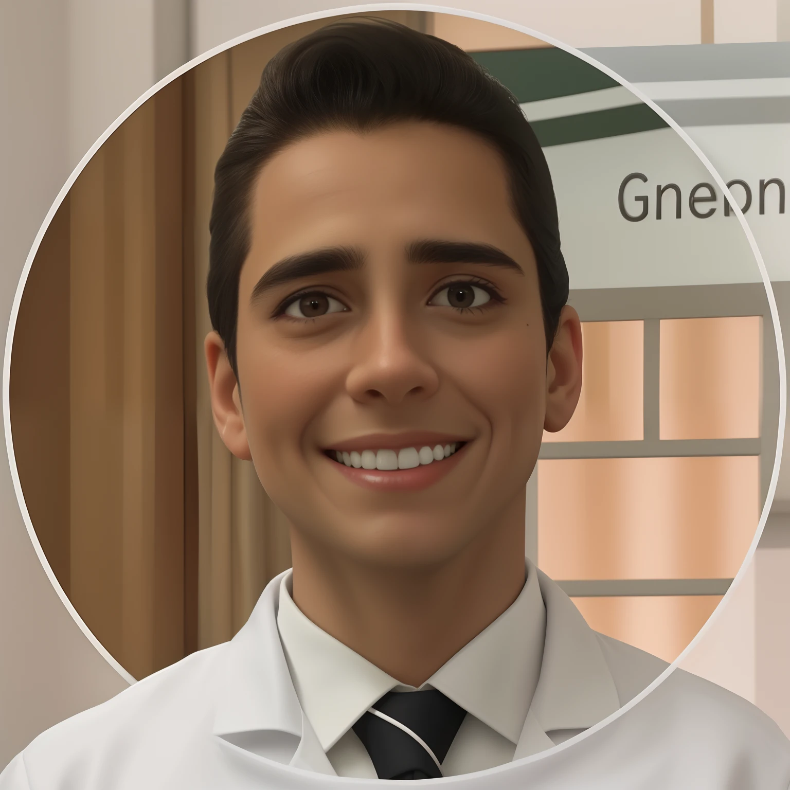 30 anos, Smiling doctor in lab coat and white shirt, gravata preta, cabelos e olhos negros, com uma discreta cicatriz na sobrancelha esquerda