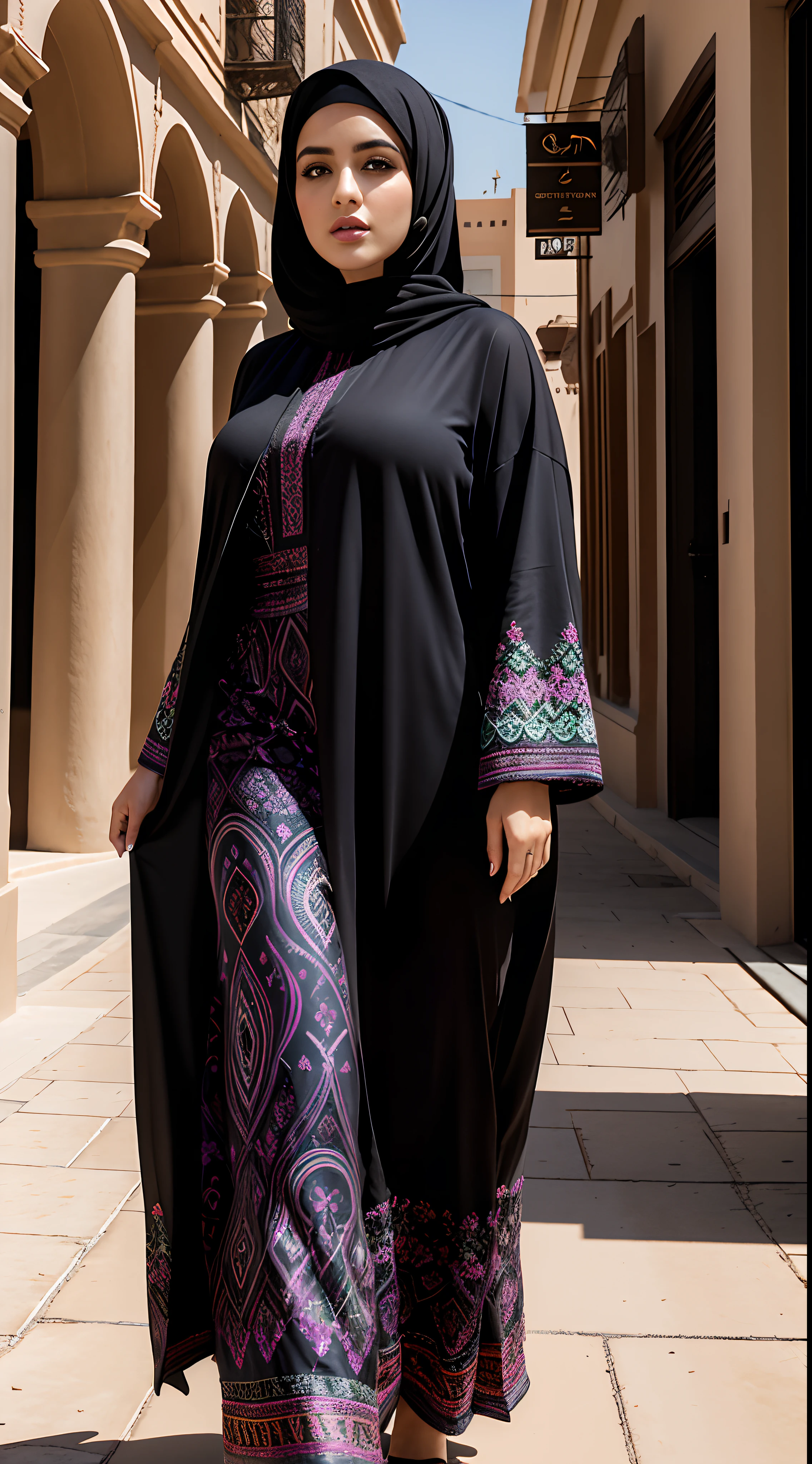 (aesthetic power,realistic,hypnotizing)thicc cute saudi milf,beautiful detailed eyes,beautiful detailed lips,extremely detailed eyes and face,longeyelashes,abaya,walking on a street, vibrant seductive colors,natural lighting,portraits,aesthetic scenery,ultra-fine painting,highres,photorealistic