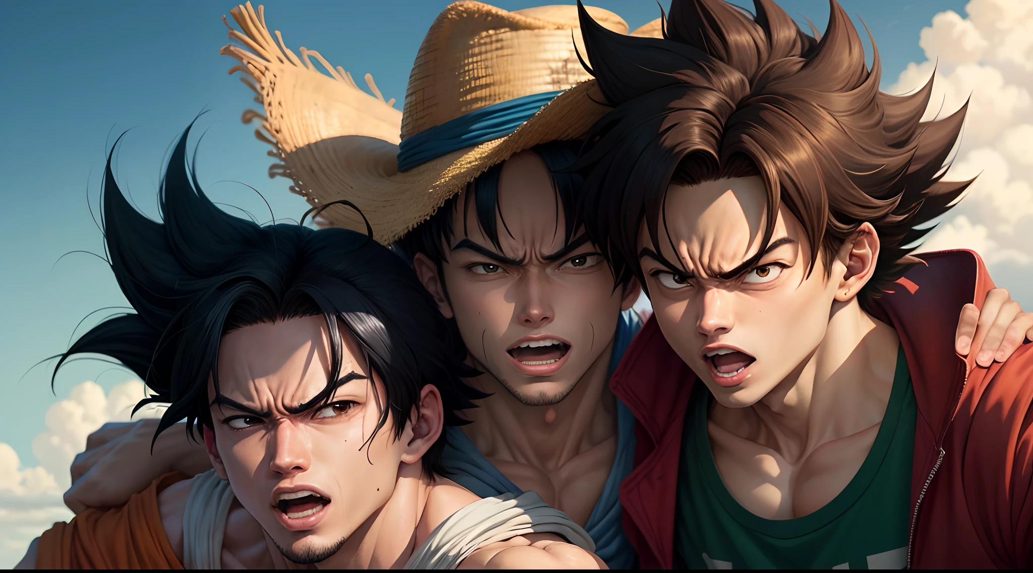 Crie uma imagem do Luffy e do Goku sendo amigos