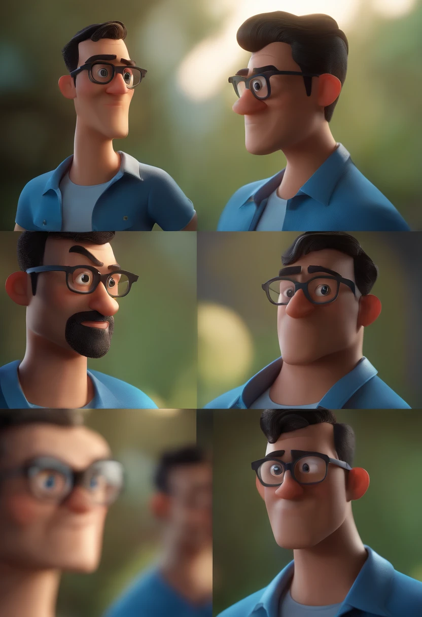 Cartoon character of a man wearing black glasses and a blue shirt, um personagem animado, Caractere estilizado, animation style rendering, 3D estilizado, Arnold Maya render, 3 d render stylized, toon render keyshot, Personagem 3D, Personagem 3D, 3d rendering stylized, 3 d character render, personagem de desenho animado, Personagem de close up, Pose de personagem, (Estilo Pixar) (master part:1.2) (Bokeh) (best quality) (pele detalhada) (textura detalhada) (8k) (argila) (Cinematic lighting) (foco nítido，Senta e vaza a parte superior do corpo