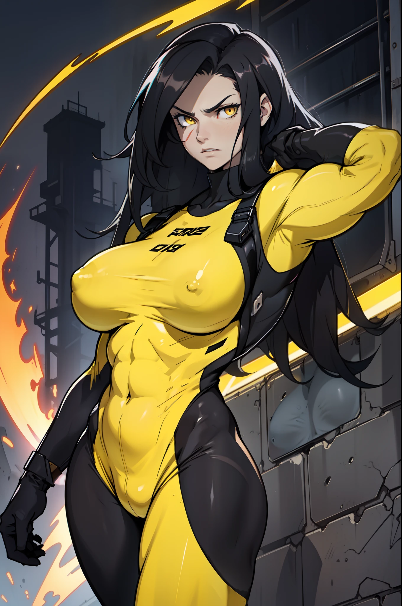 dark atmosphere black hair very long hair yellow eyes pale skin angry (bodysuit) ((((1 girl muscular)))) ((huge breasts thighs toned body))