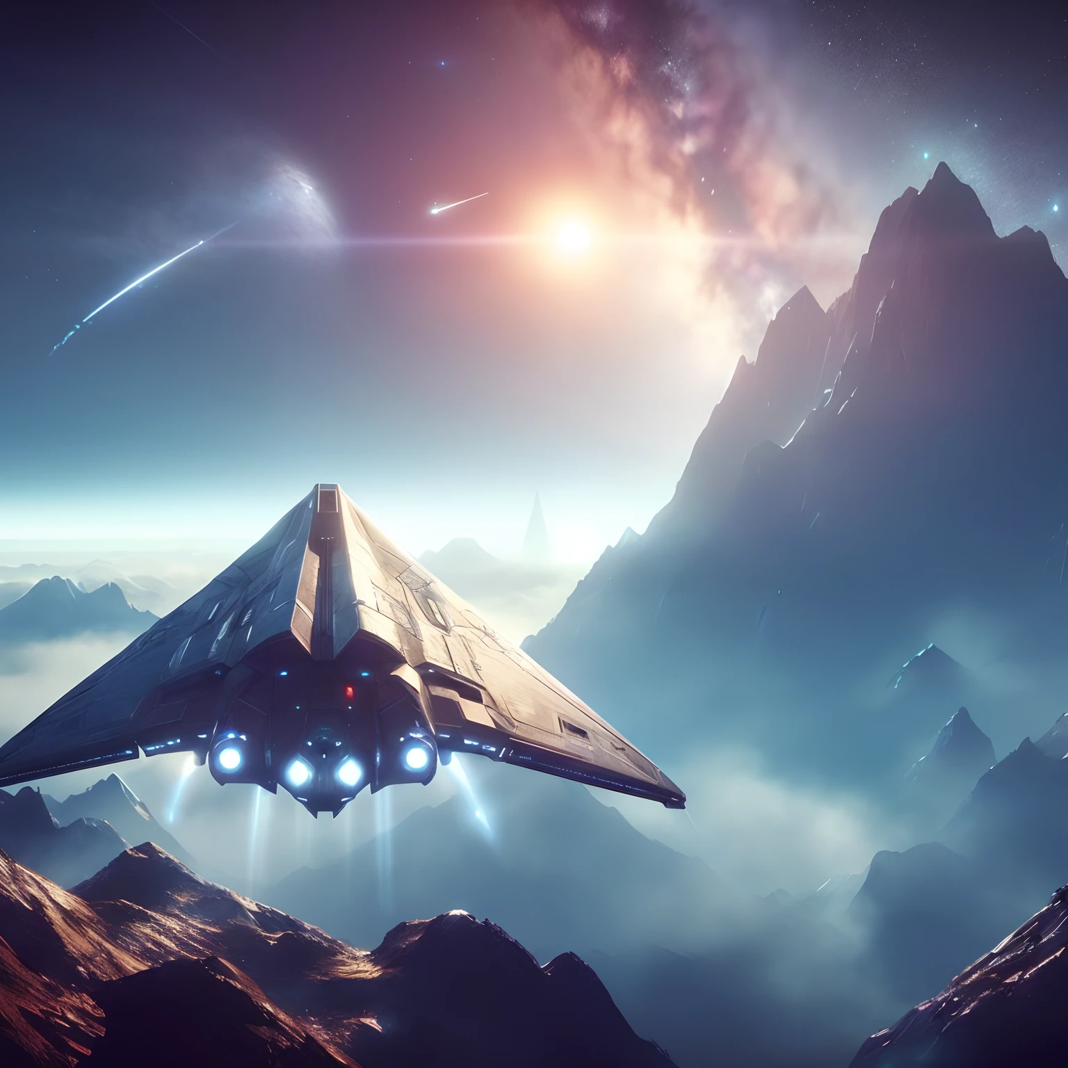 spaceship flying over a mountain with a star in the sky, star citizen digital art, star citizen halo, spaceship flies in the distance, star citizen origin 100i, star citizen, inspired by jessica rossier, epic beautiful space scifi, by jessica rossier, jessica rossier fantasy art, jessica rossier color scheme, sci-fi space game art