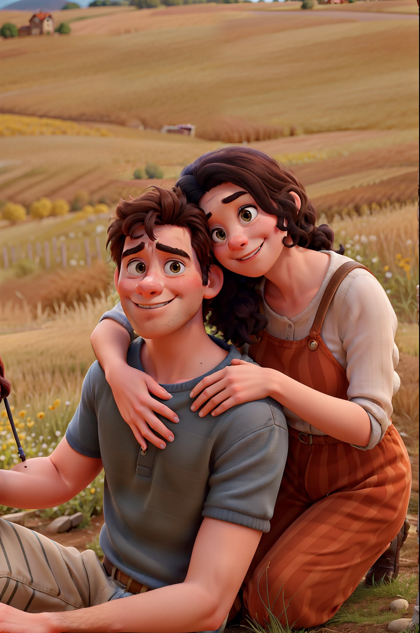 Pixar movie poster of a couple of young lovers taking a picture in the countryside. A tem cabelos compridos e pretos, o meninoabelo preto