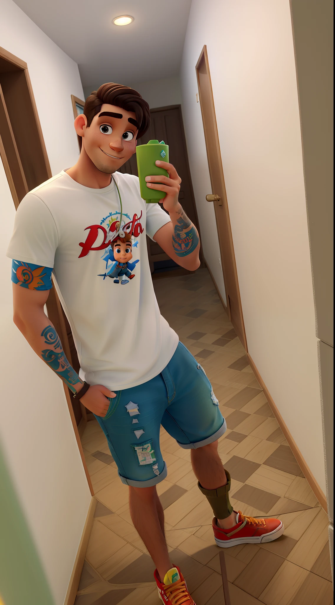 Um homem branco, olhos verdes, cabelo castanho, cavanhaque Van Dyke castanho, relogio no pulso esquerdo, blusa branca com detalhe vermelho, bermuda jeans tatuagem na perna direita estilo disney pixar, alta qualidade, melhor qualidade