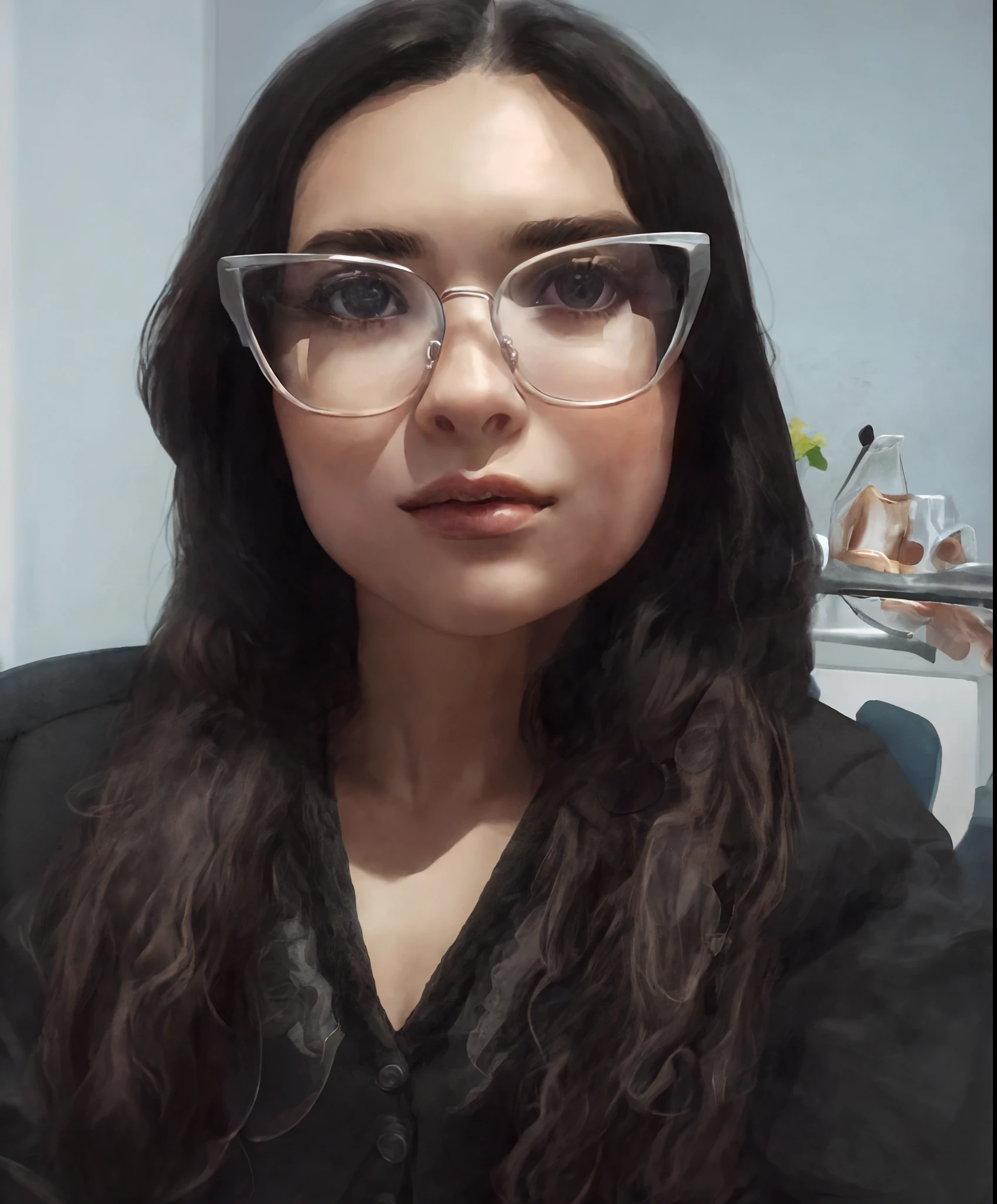 there is a woman with glasses sitting in a chair, imagem frontal, With eye Glasses, thick glasses, with glasses on, 2 8 anos, Mulher de 30 anos, 3 0 anos de idade mulher, 2 7 anos, She wears Harry Potter glasses, 2 9 anos, wearing black frame glasses, Foto realista, Angiewolf, Transparent glasses