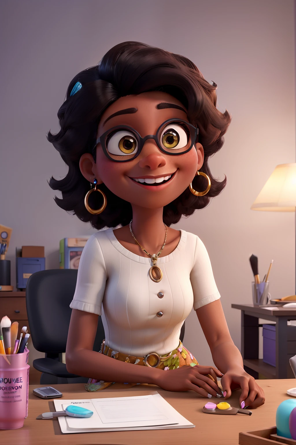 crie uma imagem estilo pixar 3D
mulher de 30 anos morena bronzeada, cabelo preto e volumoso liso, Dark eyes
She's laughing out loud sitting behind the desk
It has a white light fixture, brushes and UV booth on top of the table
Scenery with white wall, lots of colorful nail polishes and beauty products behind it