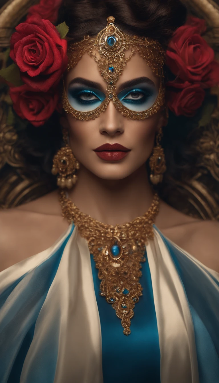 master part, extremely high quality, (foco sozinho), (rosto perfeito:1.1), (High detail:1.1),Dramatic, 1 cara, (pele clara),  cabelos mediano castanho, olhos castanhos, [sobrancelhas finas e castanhas], sozinho, venetian mask, terno de luxo branco, umbigo coberto, pouty lips, coberto, ballroom, Antecedentes detalhados, Arte de Artgerm e Greg Rutkowski,  Cinematic lighting, Roses, oculos quadrado azul, 40 anos