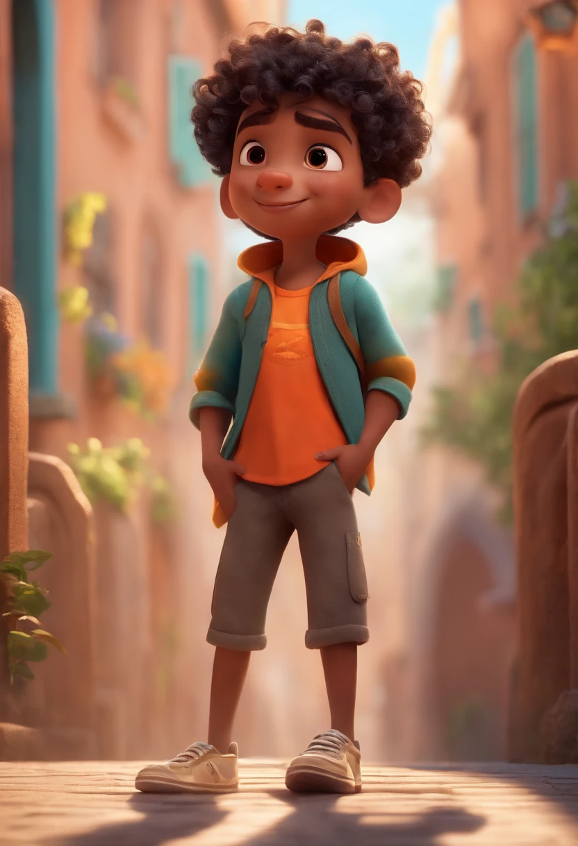 Image of a boy for a story in a YouTube video in Pixar format, He's the little allabester, He's the class leader, He's outgoing, Playful and gets up for a lot of things, cabelo curto