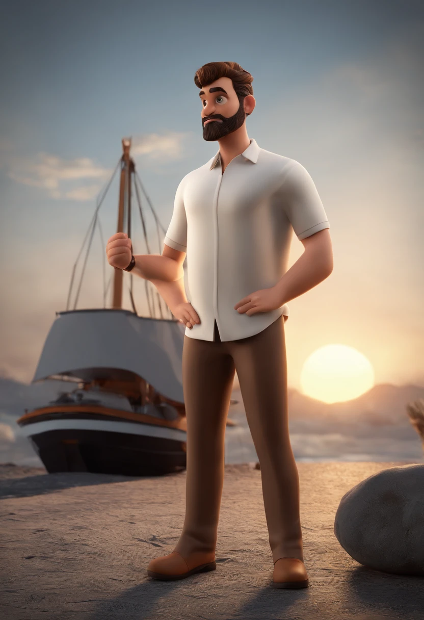 Personagem de desenho animado de um homem e uma camisa polo preta, cabelo liso, With beard and old school tattoo on his arm, animation character, Caractere estilizado, animation style rendering, 3D estilizado, Arnold Maya render, 3 d render stylized, toon render keyshot, Personagem 3D, Personagem 3D, 3d rendering stylized, 3 d character render, personagem de desenho animado, Personagem de close up, Pose de personagem,  (Estilo Pixar) (master part:1.2) (Bokeh) (best quality) (pele detalhada) (textura detalhada) (8k) (argila) (Cinematic lighting) (foco nítido