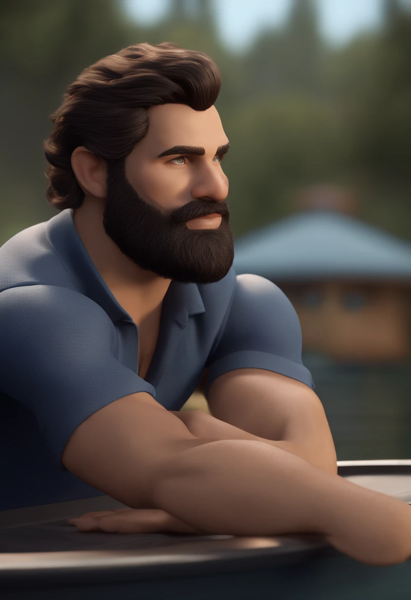 Personagem de desenho animado de um homem e uma camisa polo preta, cabelo liso, With beard and old school tattoo on his arm, animation character, Caractere estilizado, animation style rendering, 3D estilizado, Arnold Maya render, 3 d render stylized, toon render keyshot, Personagem 3D, Personagem 3D, 3d rendering stylized, 3 d character render, personagem de desenho animado, Personagem de close up, Pose de personagem,  (Estilo Pixar) (master part:1.2) (Bokeh) (best quality) (pele detalhada) (textura detalhada) (8k) (argila) (Cinematic lighting) (foco nítido