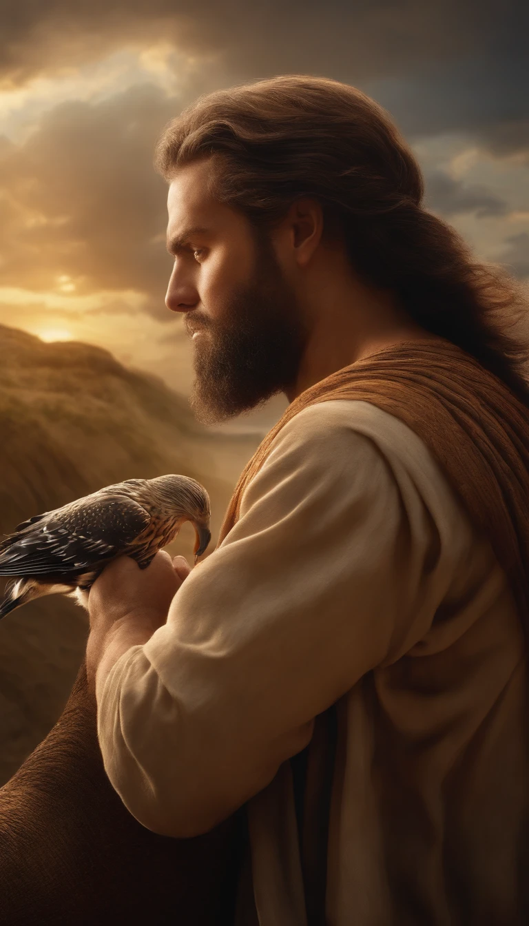 close-up of Noah by the ark, Cielo oscuro y muchos animales alrededor del arca, ultrarrealista |