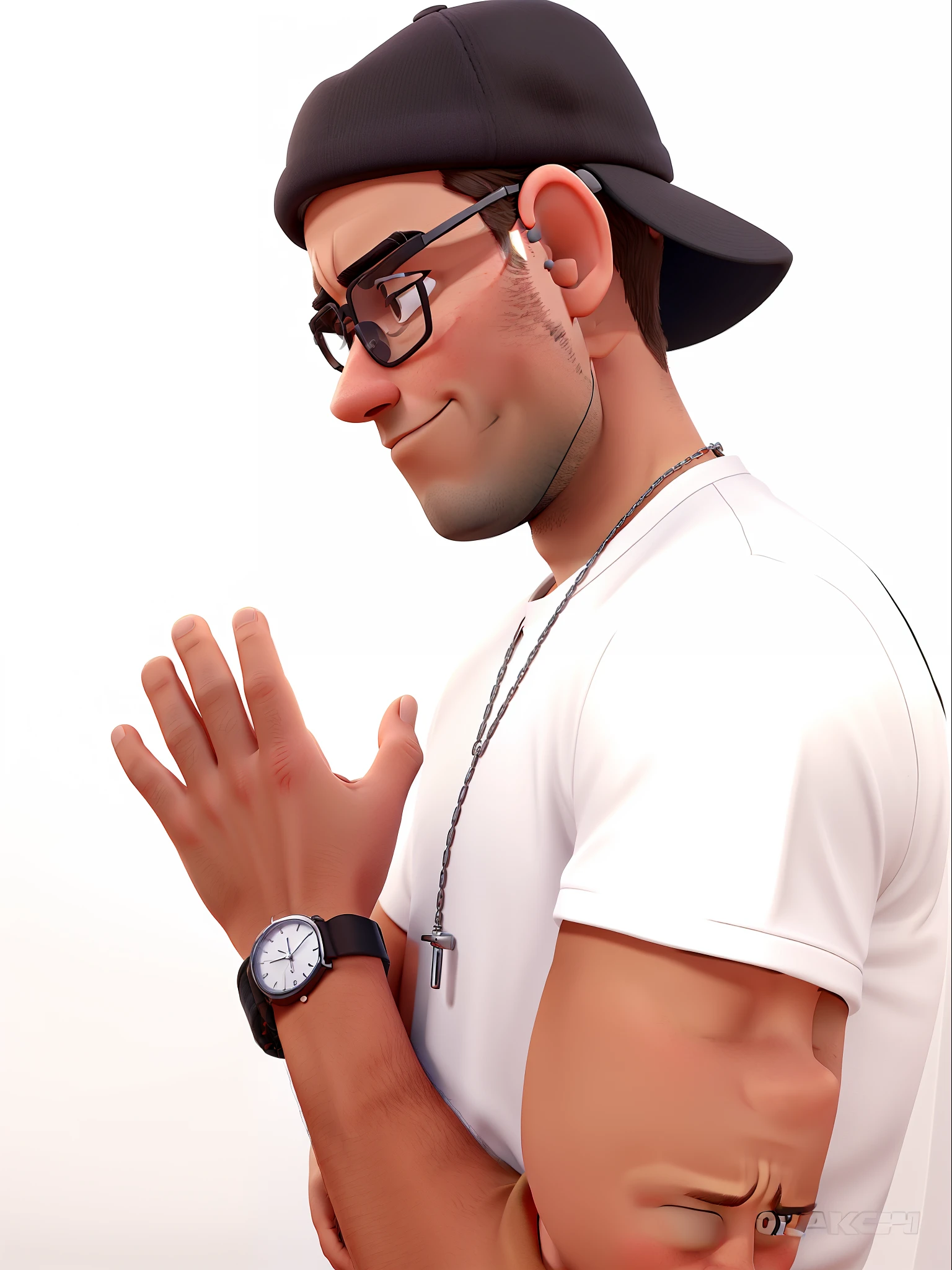 A man in black cap on the side wearing glasses praying with the watch on his wrist in white shirt and chain on the neck of silver best quality pixar detailed strokes