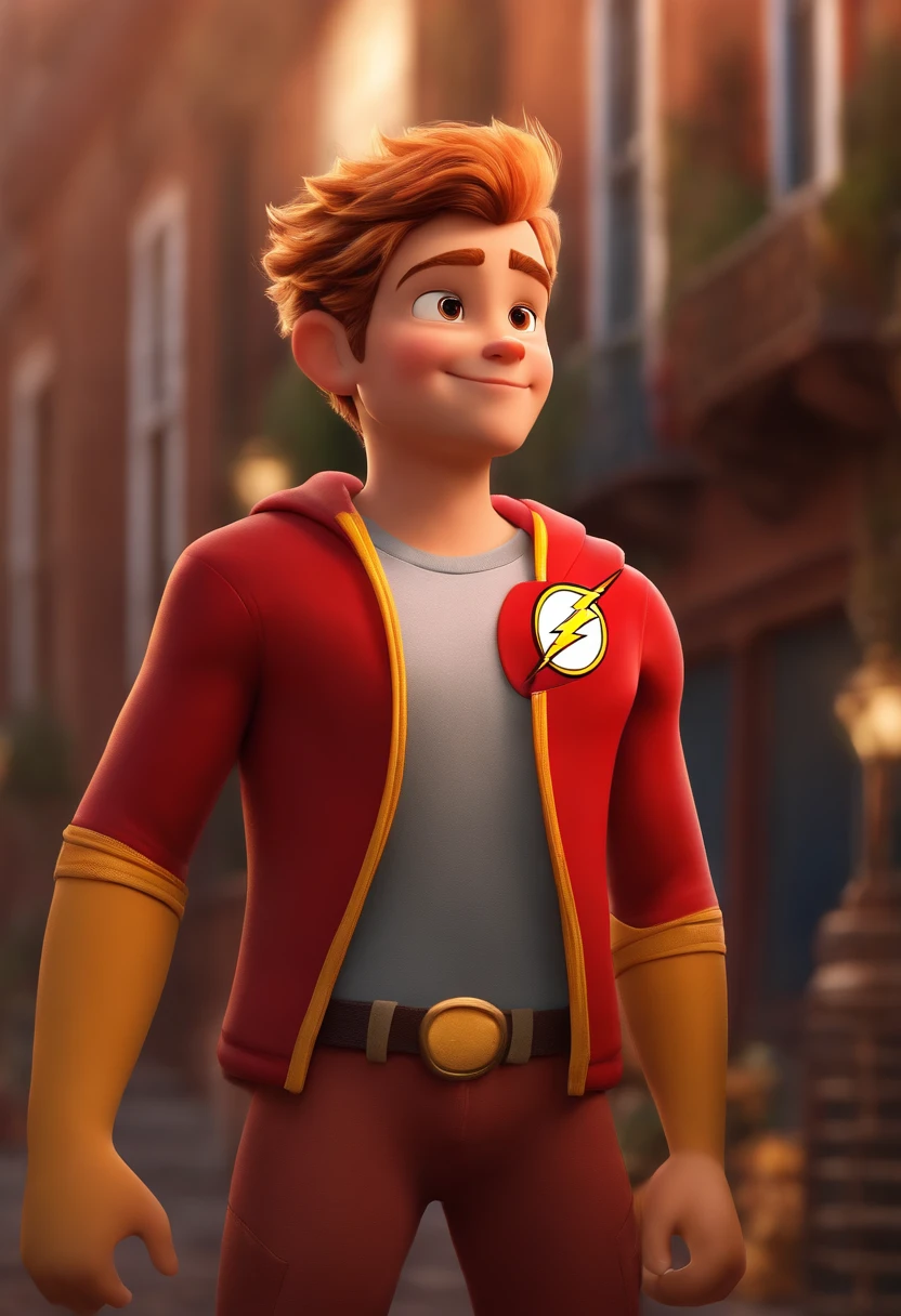 description: Make a boy
Features: Ele tem 23anos, sobrancelhas grossas , Half spiky hair and growing beard
Scenario: Tipo de desenho Disney
Compartilhar: He's dressed as the flash.
qualidade: Pixar, ..3d, Disney
Criando Personagem Disney, Pixar