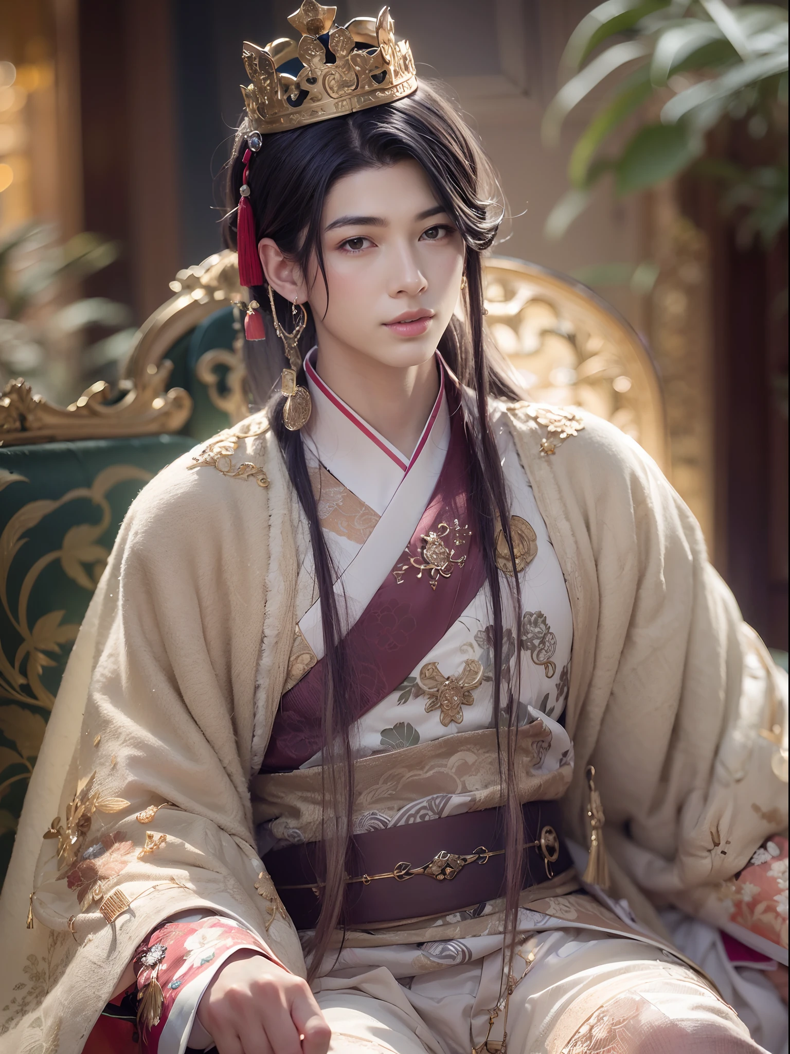 1boys, (only male), A handsome and smiling 18-year-old male Chinese emperor sitting on a throne in the palace, Wearing the Great China crown, Topless, Wearing hanfu pants, Very very handsome, ((Perfect face)), ((Perfect hands)), ((Perfect body)), ((Correct anatomy)), ((Ultra-realistic)), Highly detailed, Anatomy Human, Soft light, looking to the camera, full bodyesbian, full length shoot, Stay away from the lens, exquisite detailing, hentail realism & Professional photography, Sharp focus, Masterpiece, Best quality, 8K UHD,