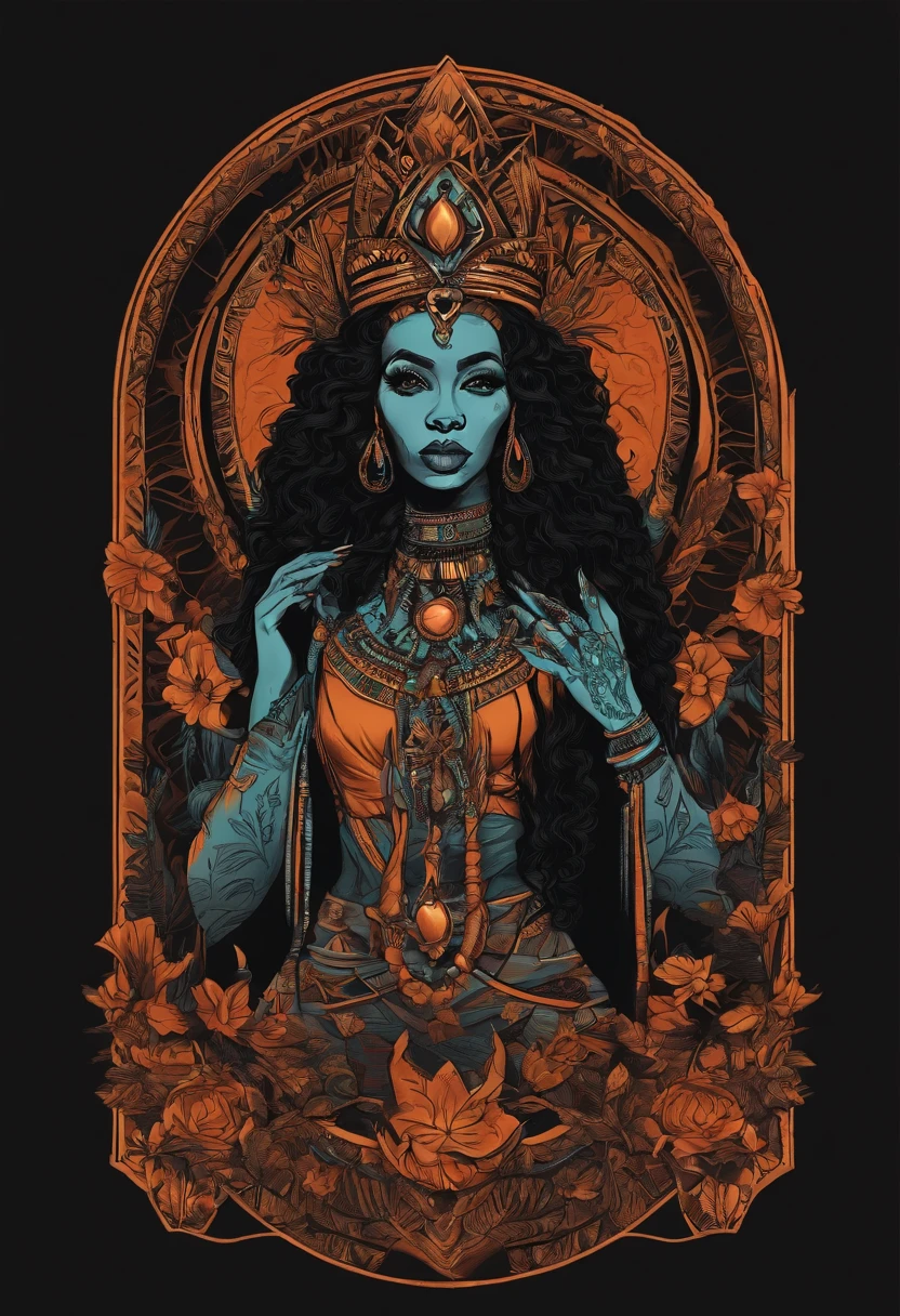 /imagine prompt: voodoo priestess illustration for a sticker with a black background, in bold outline style, jagged edges, trashcore, light shading --v 5.2